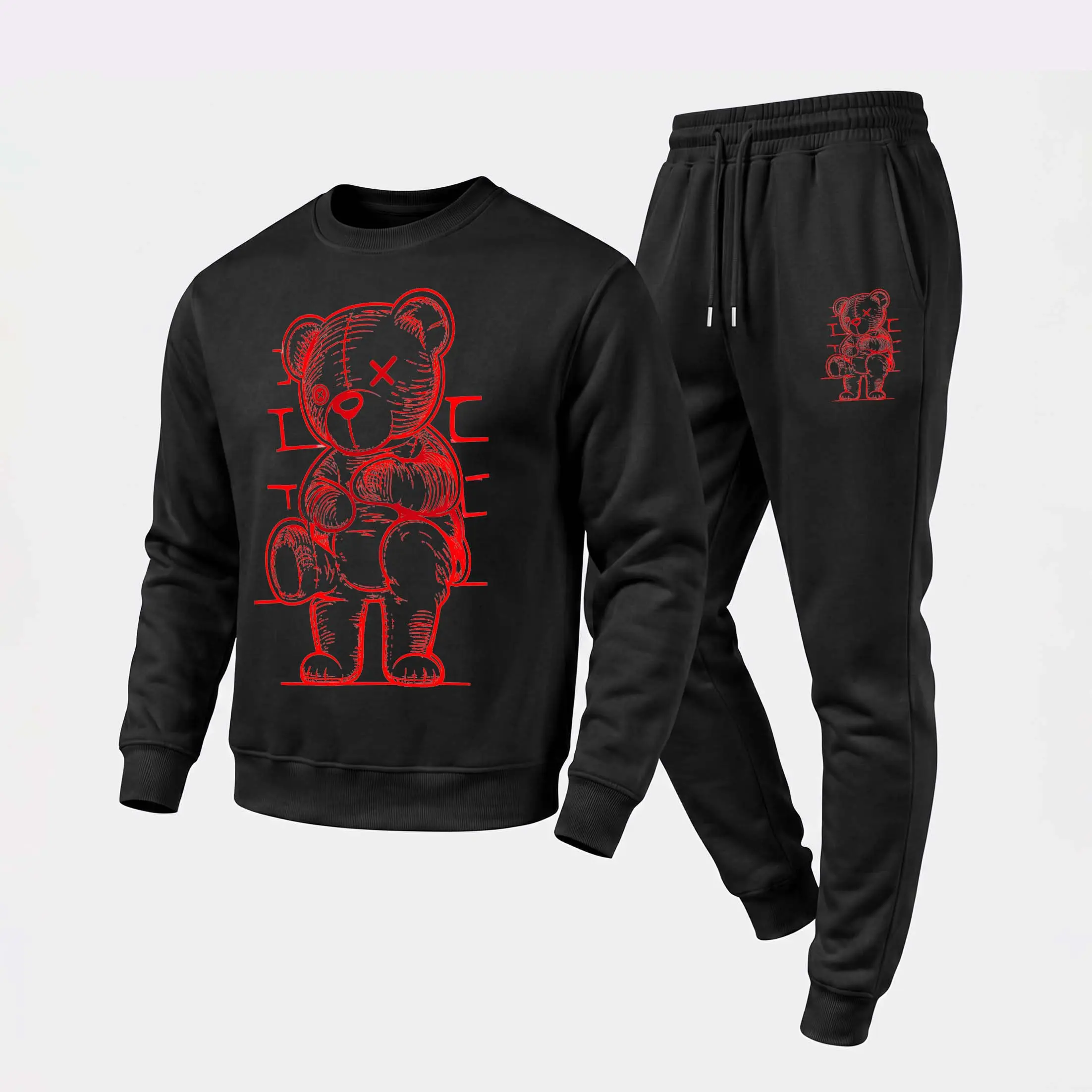 Men's Red Graffiti-Style Teddy Bear Graphic Crewneck Sweatshirt And Jogger Pants Set, Casual Long Sleeve Pullover With Drawstring Sweatpants, Fall Winter Tracksuit For Daily Wear, Travel, Lounge, Workout And Indoor Outdoor Activities