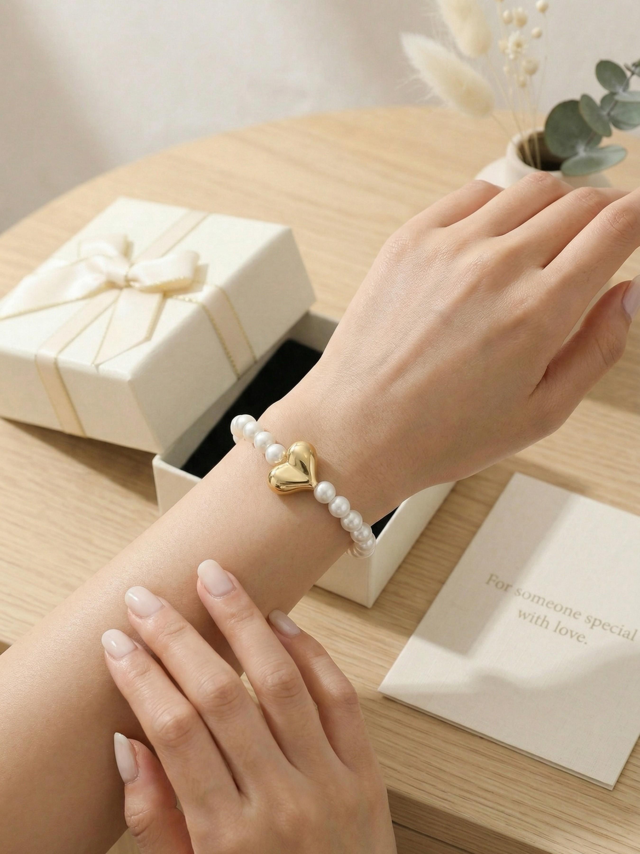 Elegant French Pearl Bracelet, Heart Pendant, Single Gift Box, Boho Style, Polyamide Material, All Seasons Accessory