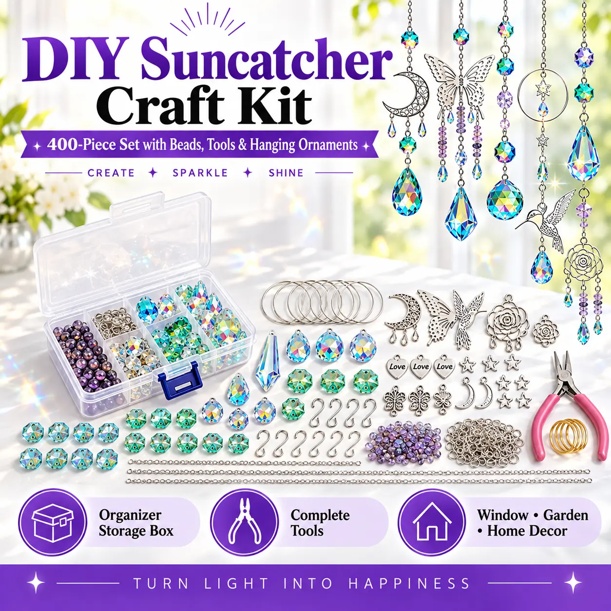 400-Piece DIY Suncatcher Craft Kit with Colorful Glass Beads, Organizer Storage Box and Complete Tools for Window Decor, Garden Hanging Ornaments and Wind Chime Projects