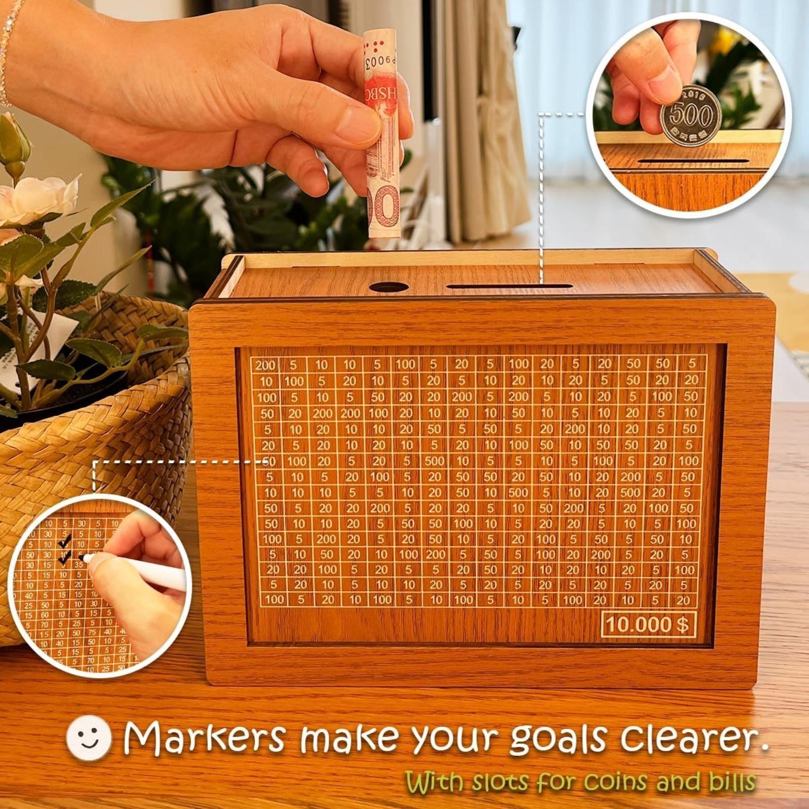 Money Saving Box with 10,000 Dollars Target,  Money Vault Savings 10k,Cash Vault Wooden Savings Box,Savings Challenge Box with Money Target and Numbers, Coins, Decor
