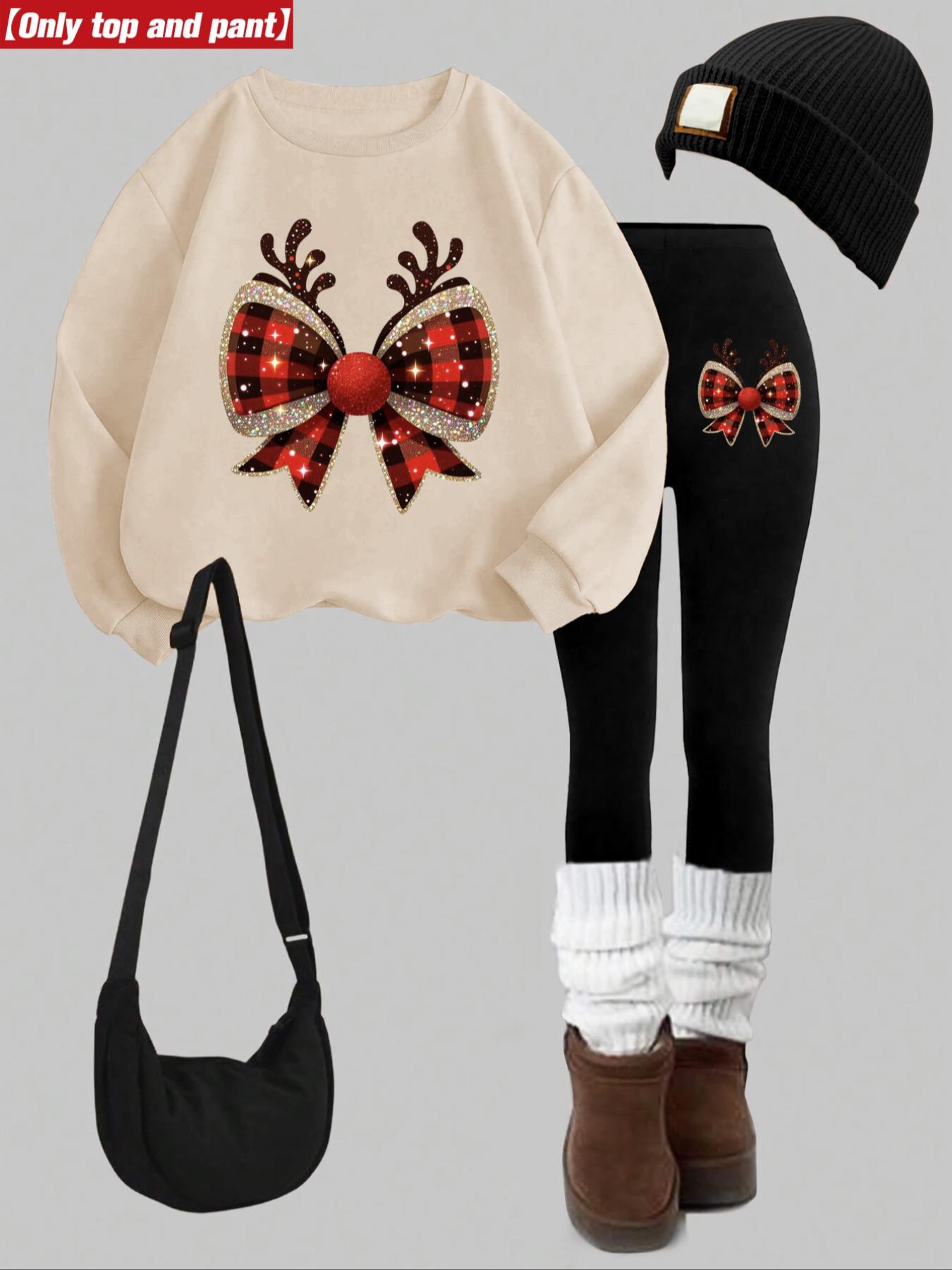 Women's Christmas Pattern Sweatshirt Set, Round Neck Long Sleeve Top, Fitted Pants, Casual Fall & Winter, Holiday Promotion