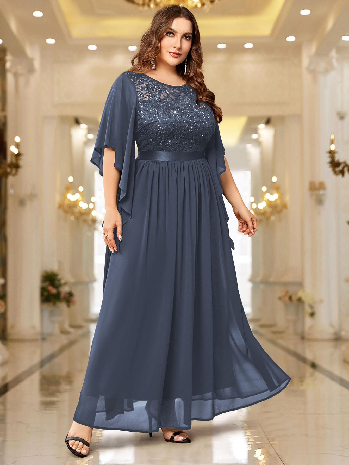 Miusol P83099 Plus Size Women's Sequin Floral Lace Chiffon Flare Sleeve Formal Dress Elegant Evening Gown All Seasons Party dress,Evening dress Normal Type  Womenswear Maxi Dress SpringStatements