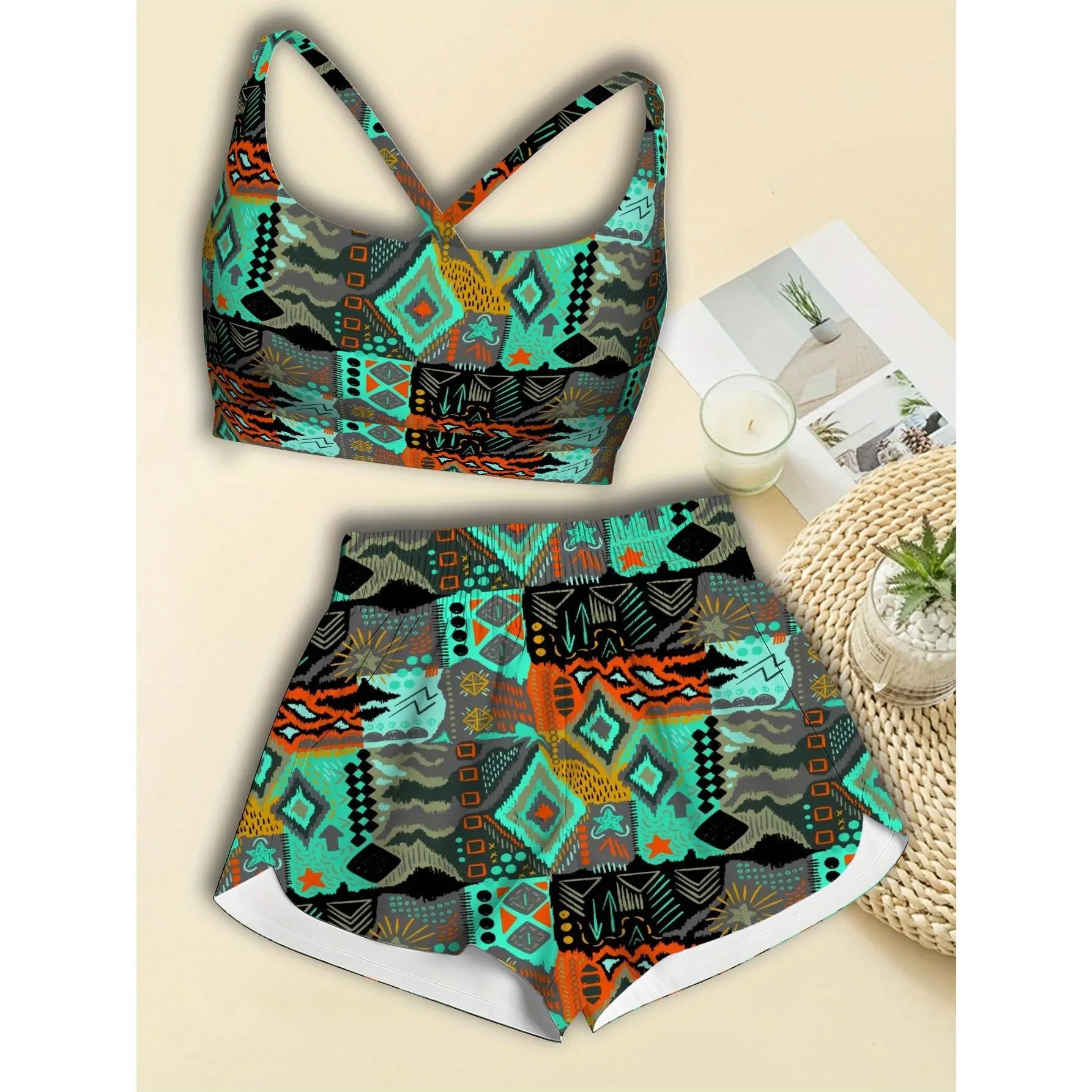 Women's 2-Piece Sleeveless Polyester Activewear Set - Fabric Splicing Printed Vest & Skort, Lightweight Female Spring Summer Gym Wear, Trendy Durable Workout Outfit