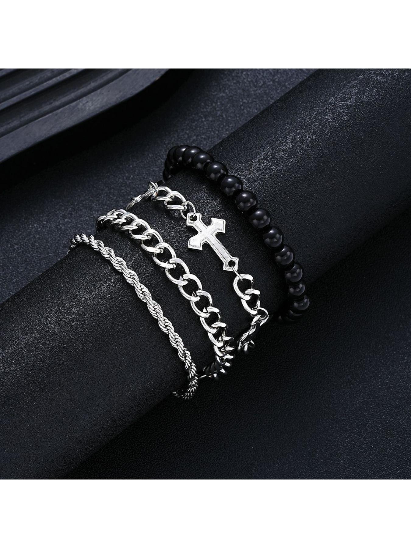 Stylish Dark Series Cross Charm Bead Bracelets 4 Packs Minimalist Layering Bracelet Set Premium Stainless Steel Unisex Holiday Gift Idea