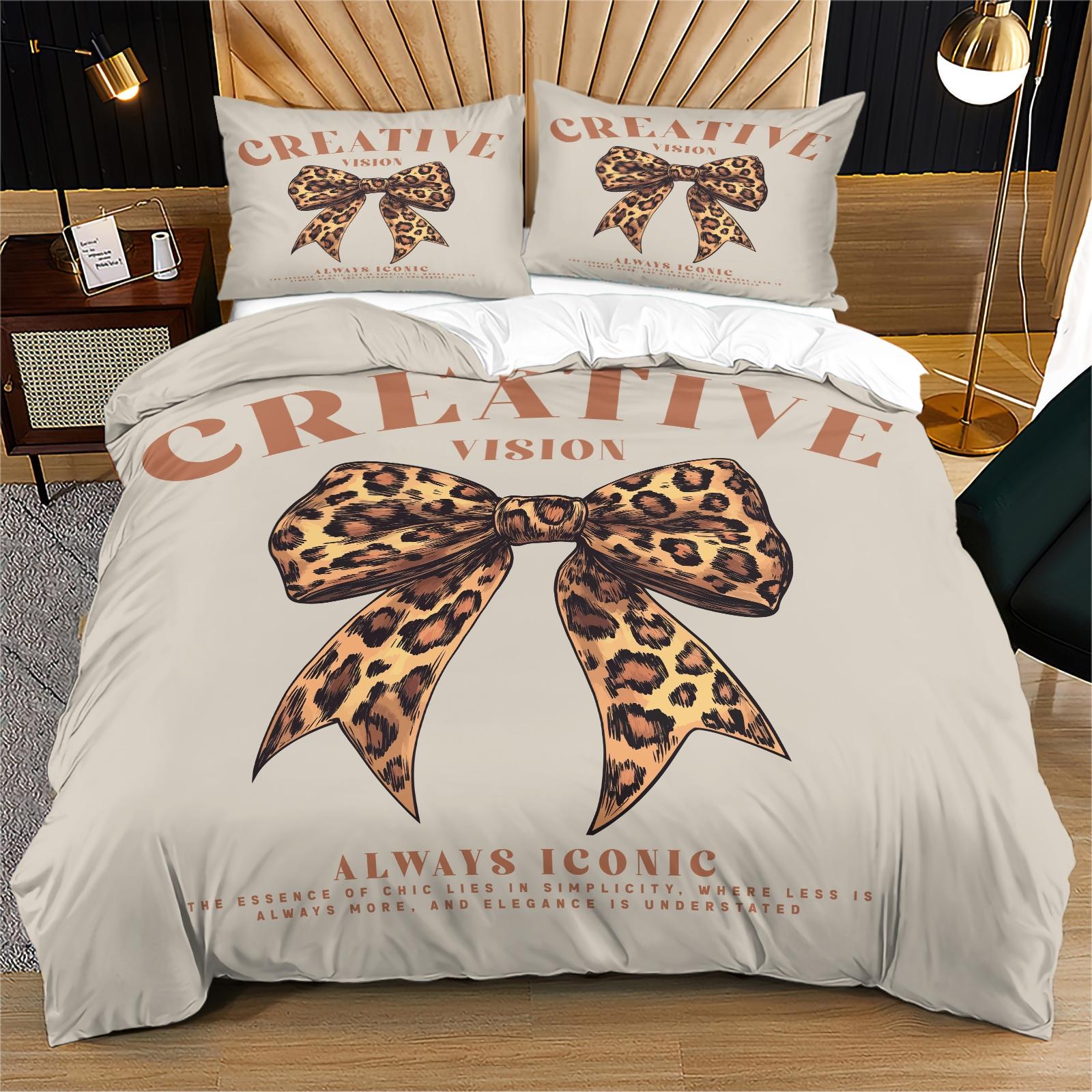 Leopard bow pattern duvet cover set, soft and durable bedding set, contains 1 duvet cover and 1 or 2 pillowcases, daily holiday birthday gift bedroom decoration for children and adults