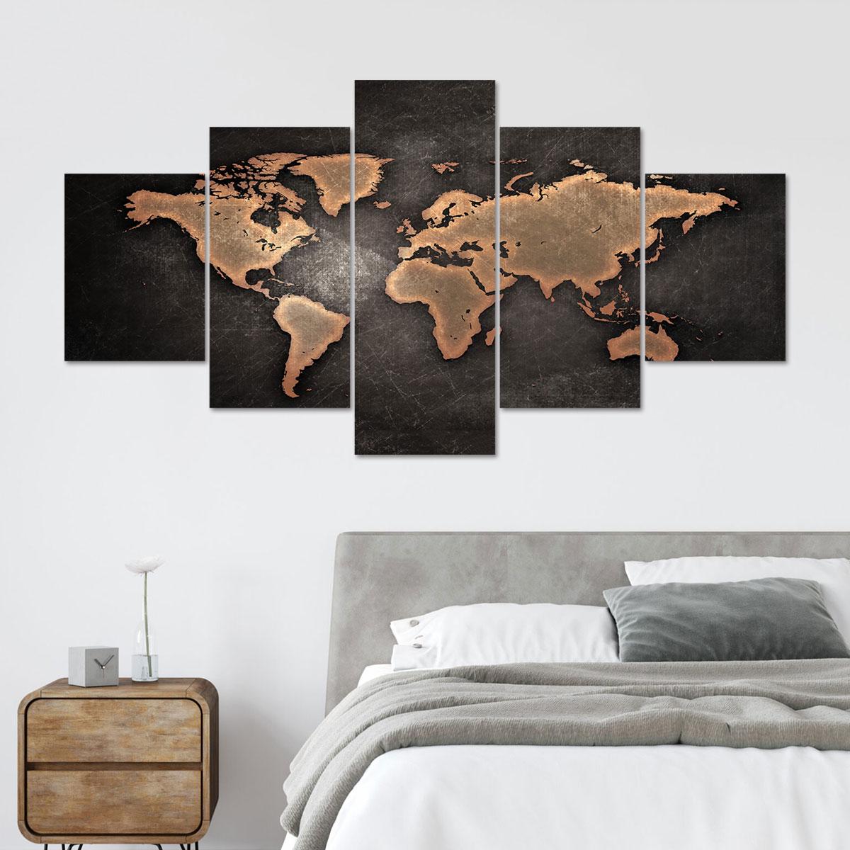 Vintage World Map Pattern Canvas Unframed Painting, 5 Counts Modern Art Poster, Wall Art Decor for Home Living Room Bedroom Office, Ornaments
