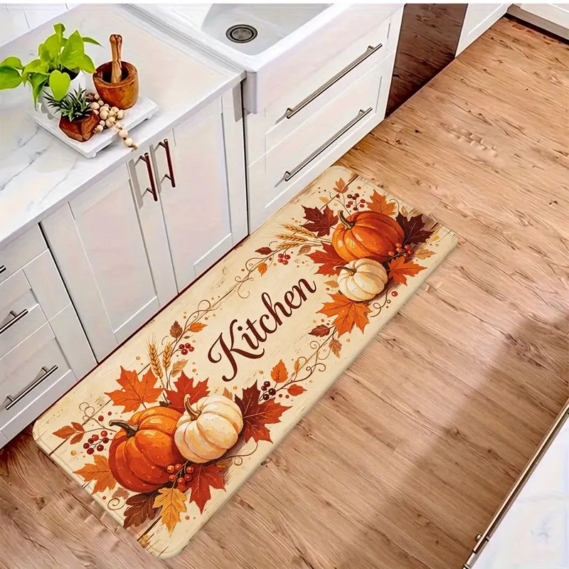 1 Piece Pumpkin Maple Leaf Harvest Pattern Non-Slip Kitchen Rug, Warm Autumn Decor Rug, Long Floor Mat for Kitchen, Living Room, Laundry Room, Entryway, Halloween Home Decoration bedroom bathroom