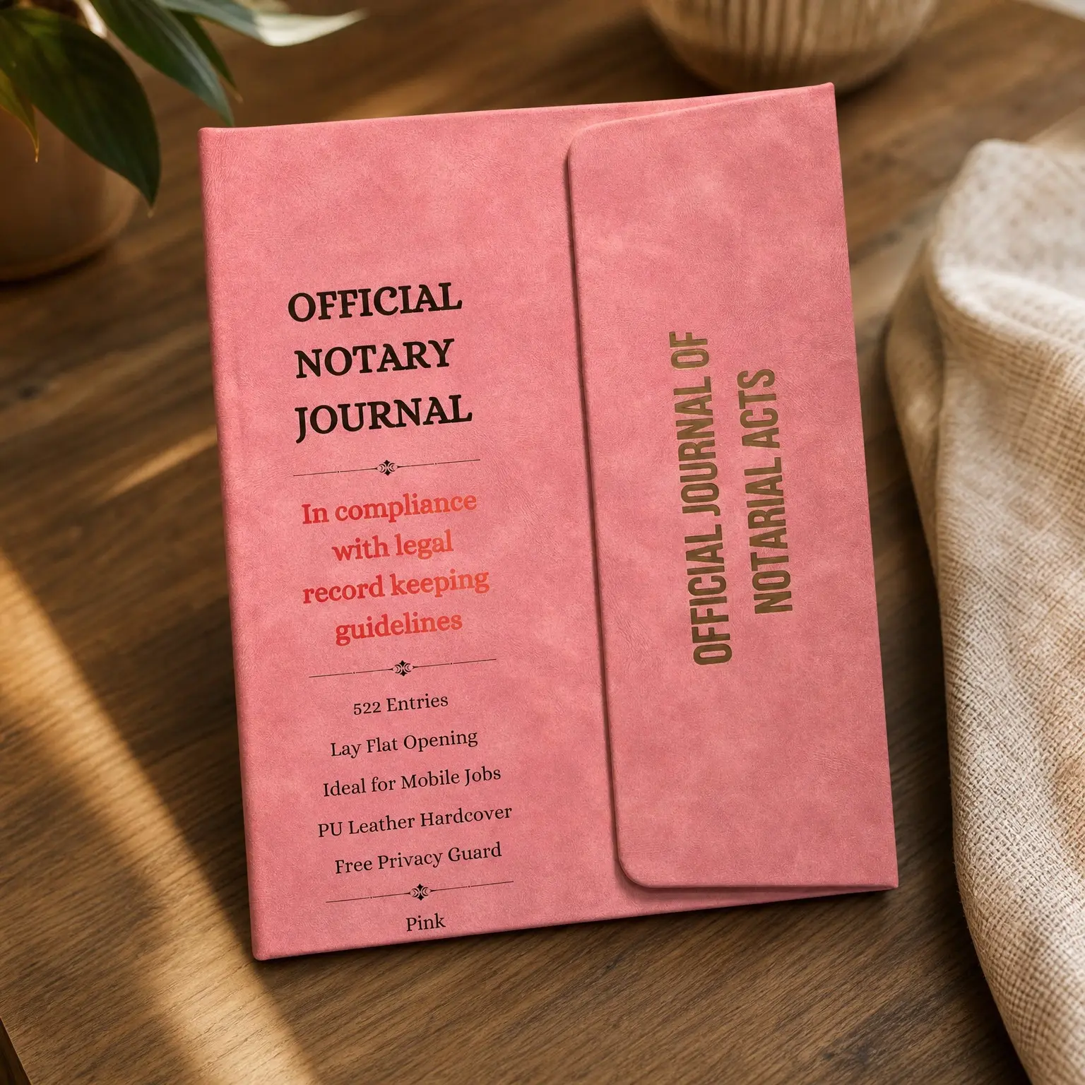 Notary Journal Log Book – Hardcover with Privacy Guard, 522 Notarial Record Entries, Compliant for All States Except HI (Pink)