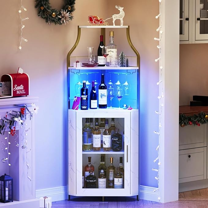 Corner Bar Cabinet with LED Lights, Wine Bar Cabinet with Adjustable Shelf and Glass Holder 5-Tiers Storage Space Corner Liquor Cabinet Industrial Liquor Cabinet for Small Space