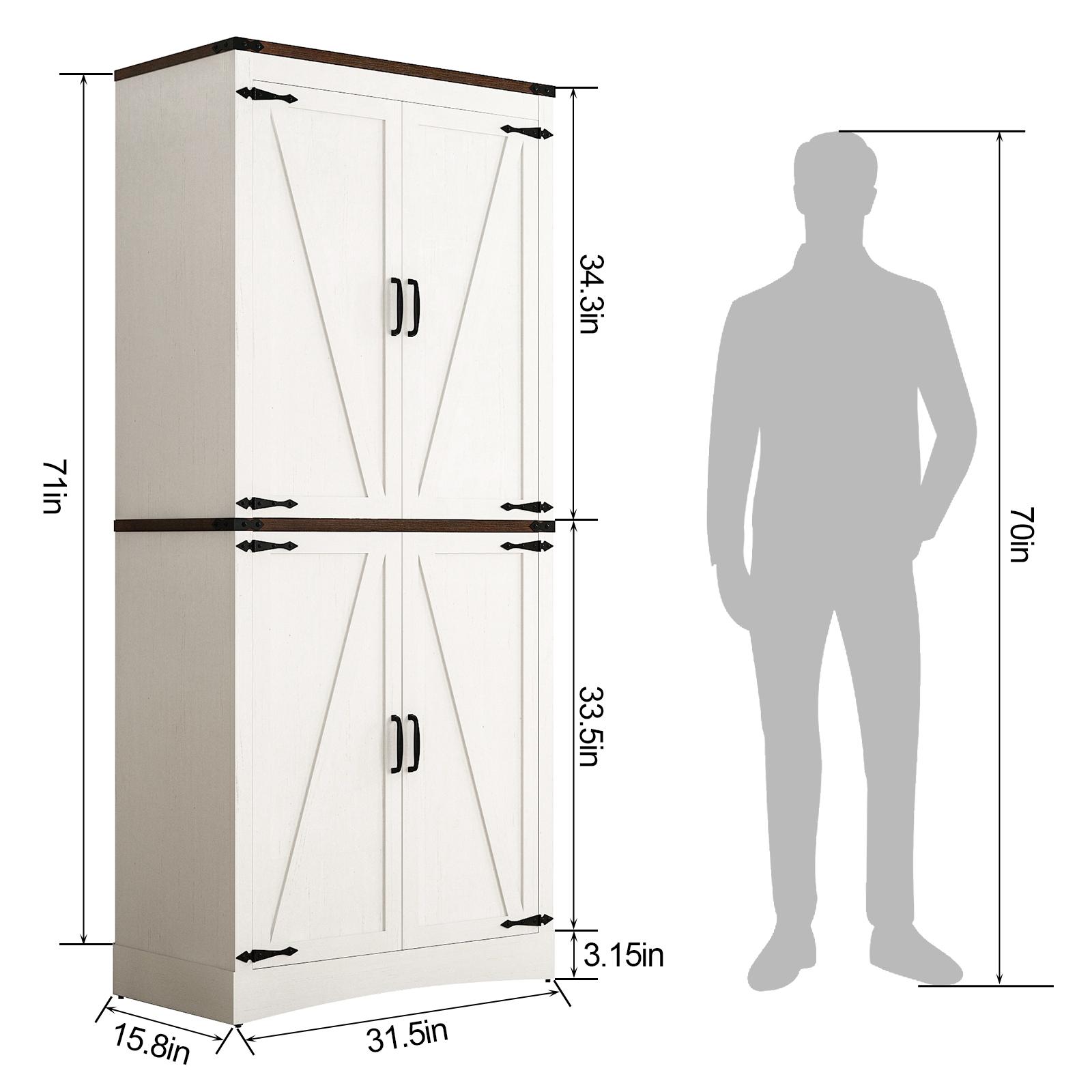 71in Farmhouse Kitchen Pantry Cabinet,Tall Storage Cabinet with 4 Doors and Adjustable shelves,with Load-Bearing Steel Pipe,Wood Storage Cabinets for Kitchen,Dining Room,Bathroom