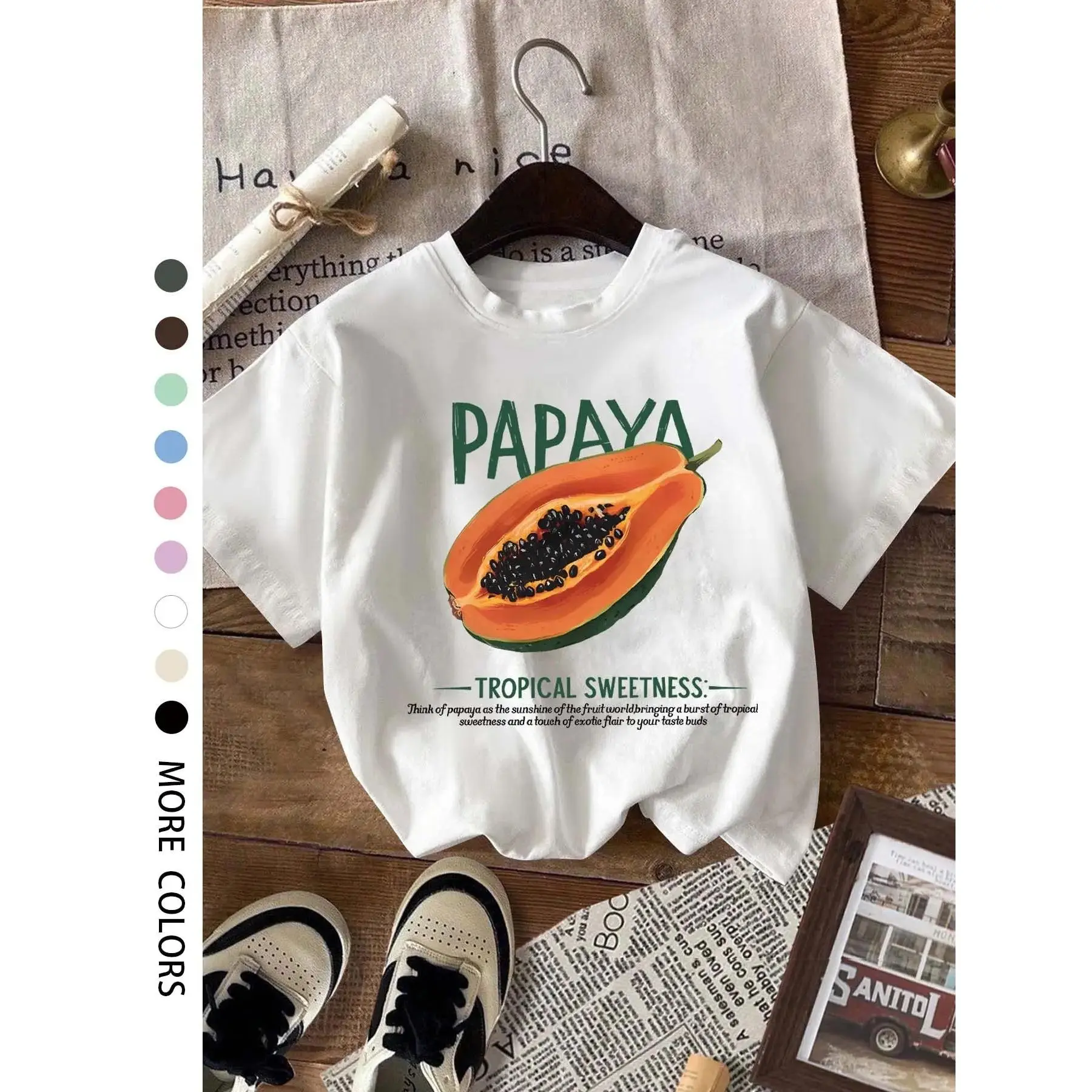 Women's Round Neck Short Sleeve T-Shirt, Papaya Graphic Print, Casual Wear, Casual Comfy Tee, Womenswear, Lady, Soft Breathable Fabric Tshirt, Perfect Summer Fashion Top