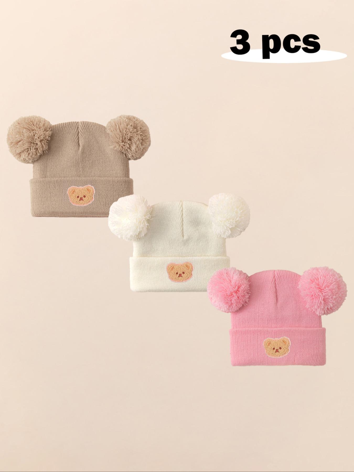 3pcs Baby Girl Newborn Toddler Pom-Pom Bear Beanie Hat, Cozy Knit Winter Warm Heart Cute Hat, Outdoor Baby Accessories Bonnet, Knitting Beanie