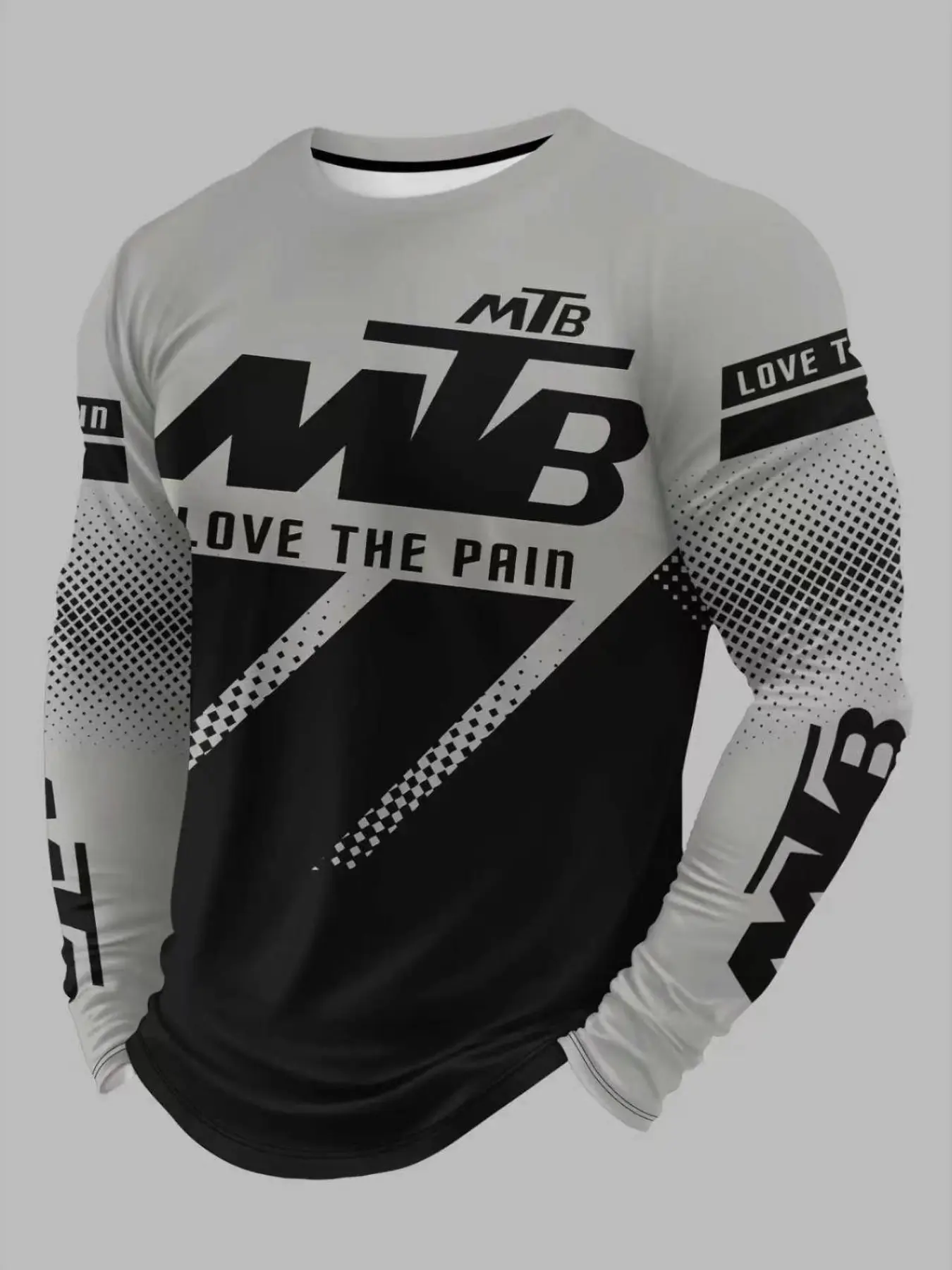Men's Mountain Bike Long Sleeve Cycling Shirt, Geometric Print Round Neck Top, Breathable Outdoor Sport T-Shirt, Athletic Tops, Ideal for Riding and Fitness