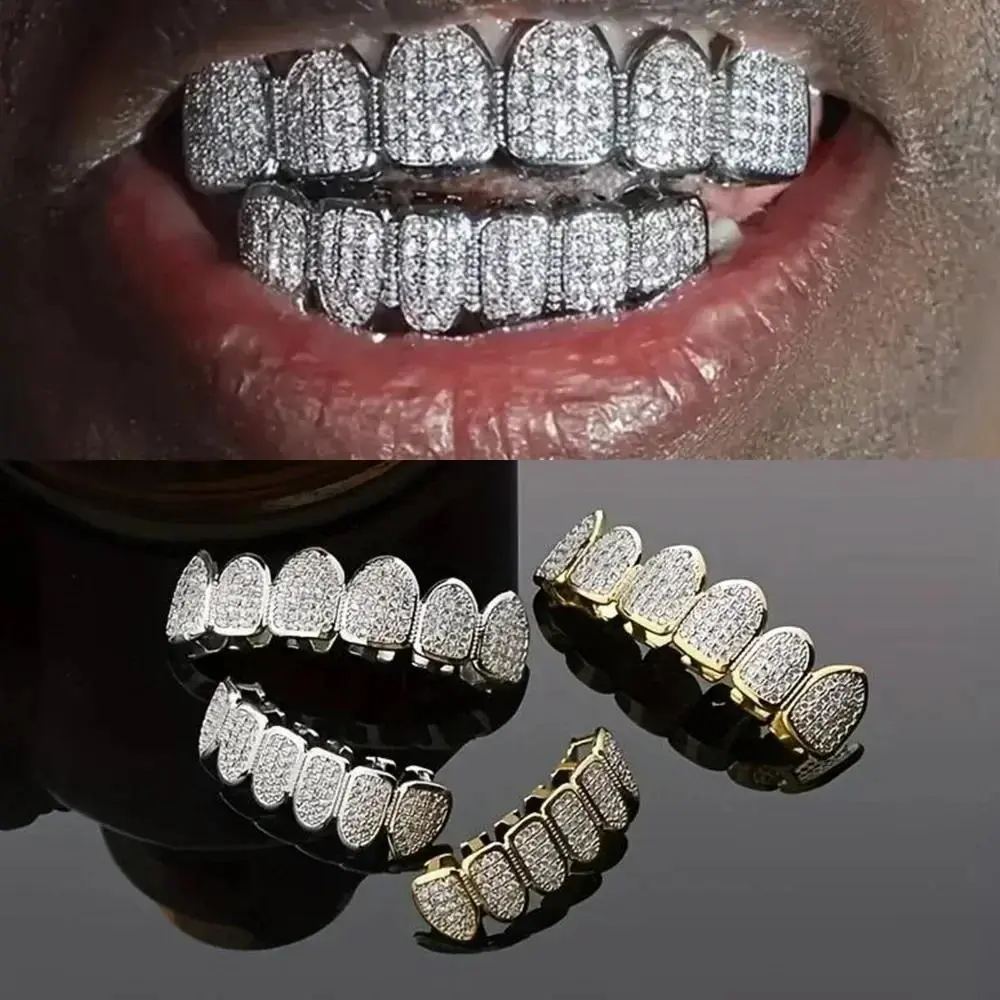 Teeth Grillz Set for Unisex Top Bottom Mouth Silver Color Teeth Grills Tooth Cap Removable Dental Fashion Body Jewelry Oral