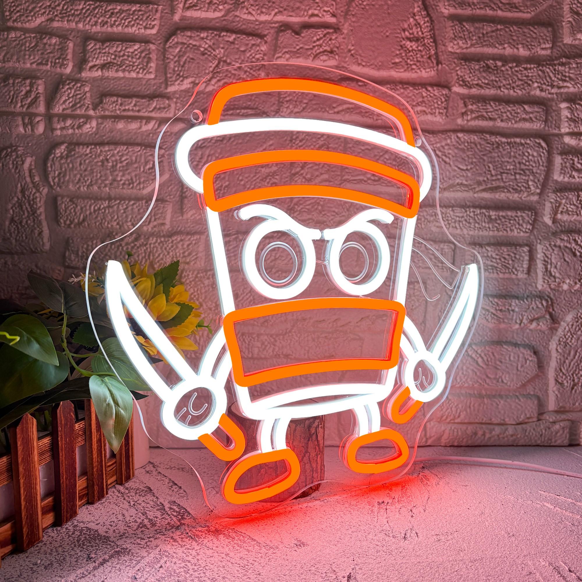 Italian Cappuccino and Assassin Neon Sign, Dimmable, Fun Cappuccino Killer Neon Sign, Ninja Coffee Cup Wall Decor, Suitable for Bedroom, Club, Cafe, Bar, Interior Decoration, Gift