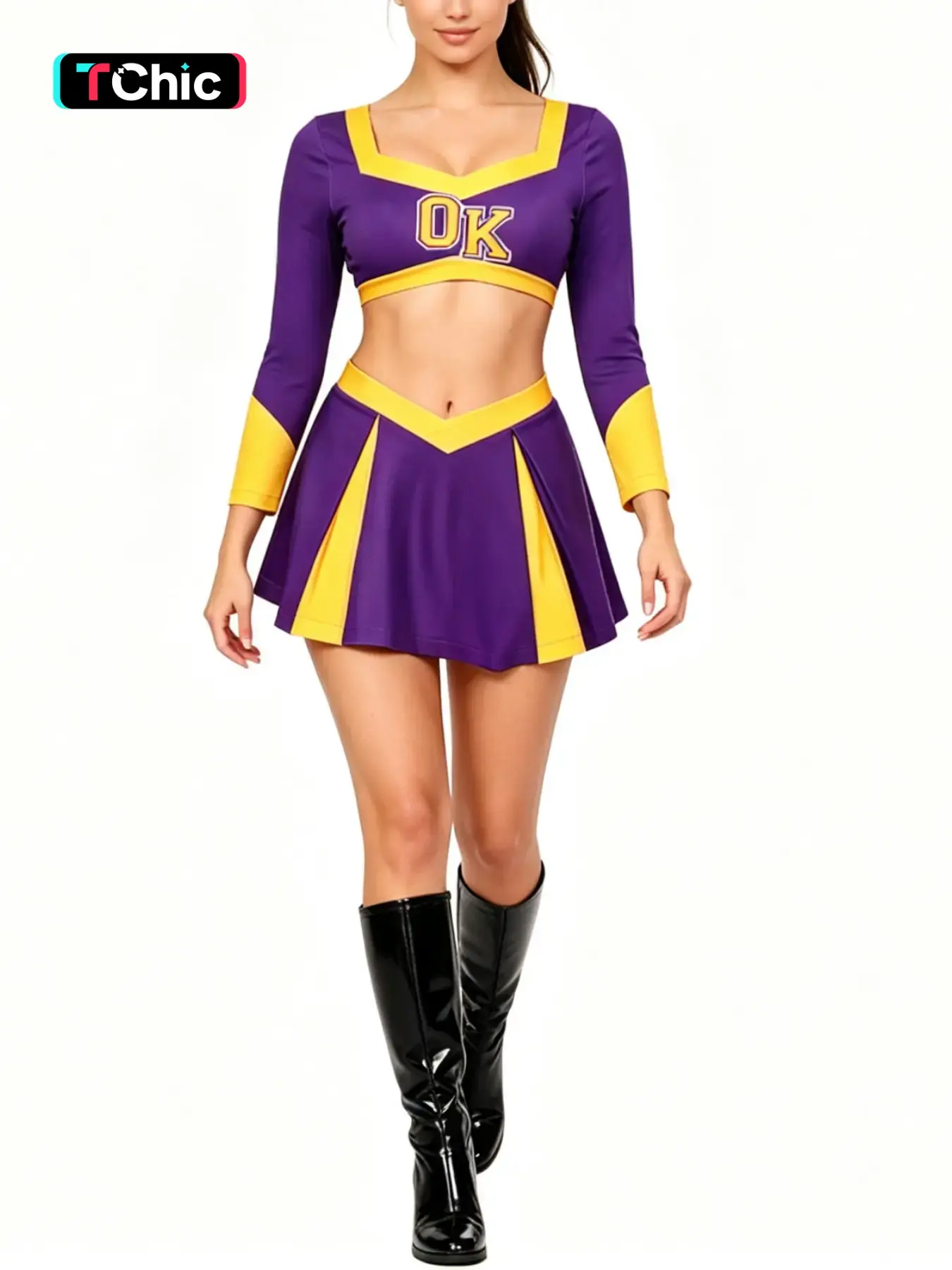 Halloween 2-Piece Cheerleader Killer Set, Long Sleeve Short Top, Pleated Skirt, Mini Skirt, Colorblock Design, Party Costume