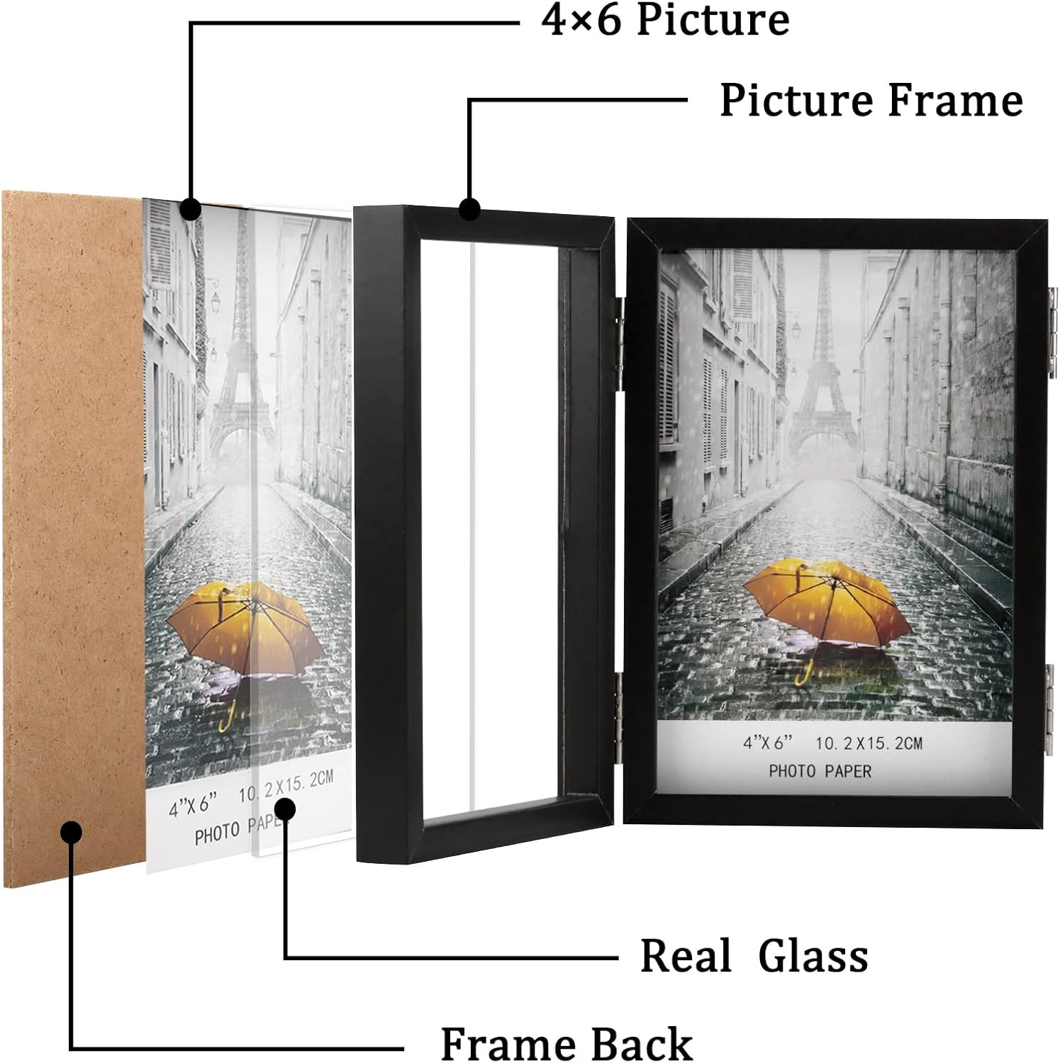 4x6 Triple Picture Frame Hinged 3 Photos – Folding Photo Frame with Real Glass, Vertical Stand Black Collage Frame for Tabletop Display