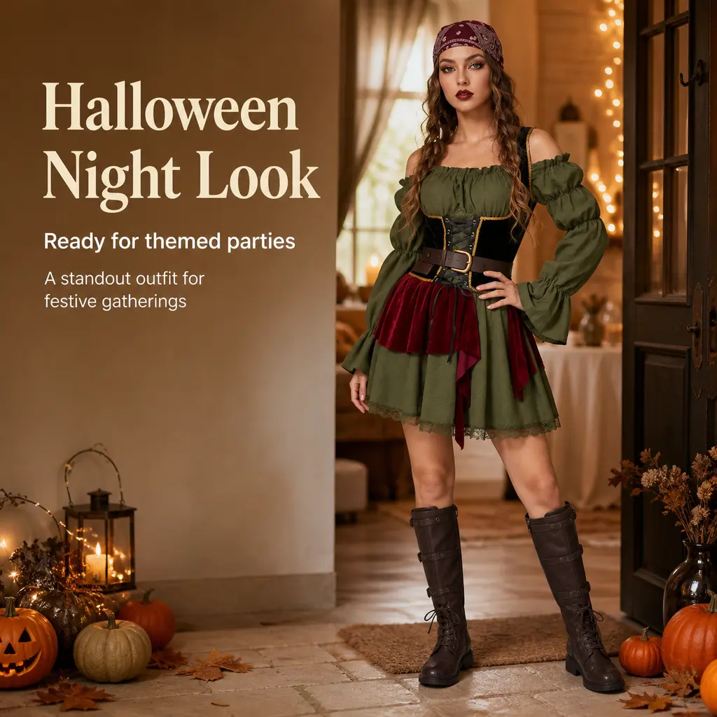 Women's Medieval Pirate Maiden Velvet Clothes - Long Puff Sleeve Short Dress, Belt & Accessories for Halloween Party
