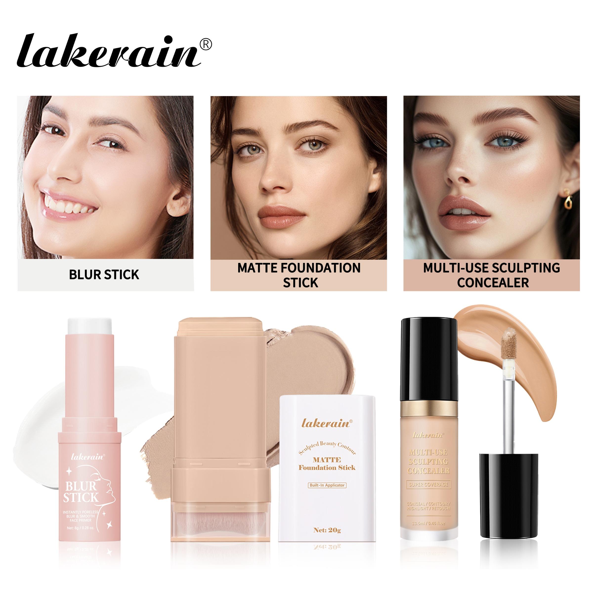 Face Base 3 in 1, Pore Minimizing Primer Stick + Multi-Use Concealer & Highlighter (Dual-Use) + Matte Foundation Stick with Brush, Long-Lasting Makeup Set, Waterproof & Sweat-proof, Full Coverage, Flawless Base Makeup Face Makeup Sets