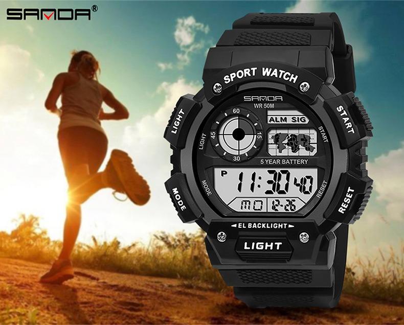 Sanda Fashion Waterproof Digital Watch for Youth, Dual Time, Stopwatch, Alarm, Luminous, Week Date, 12/24h, Casual Style, All Seasons