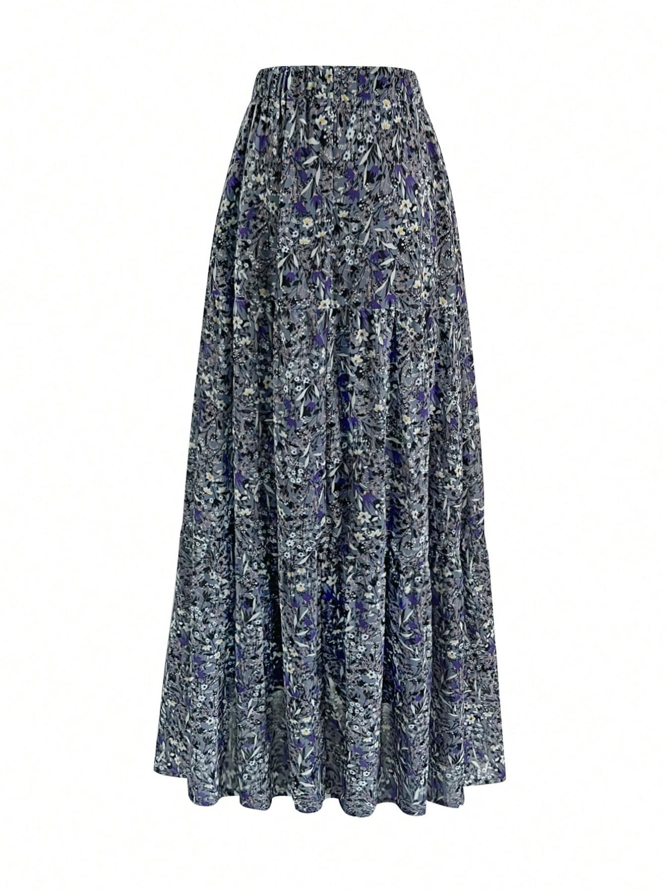 Women's Ditsy Floral Midi Skirt, Casual High-Waisted A-Line Design, Loose Fit Long Skirt for Spring & Fall, Elegant Vacation Style