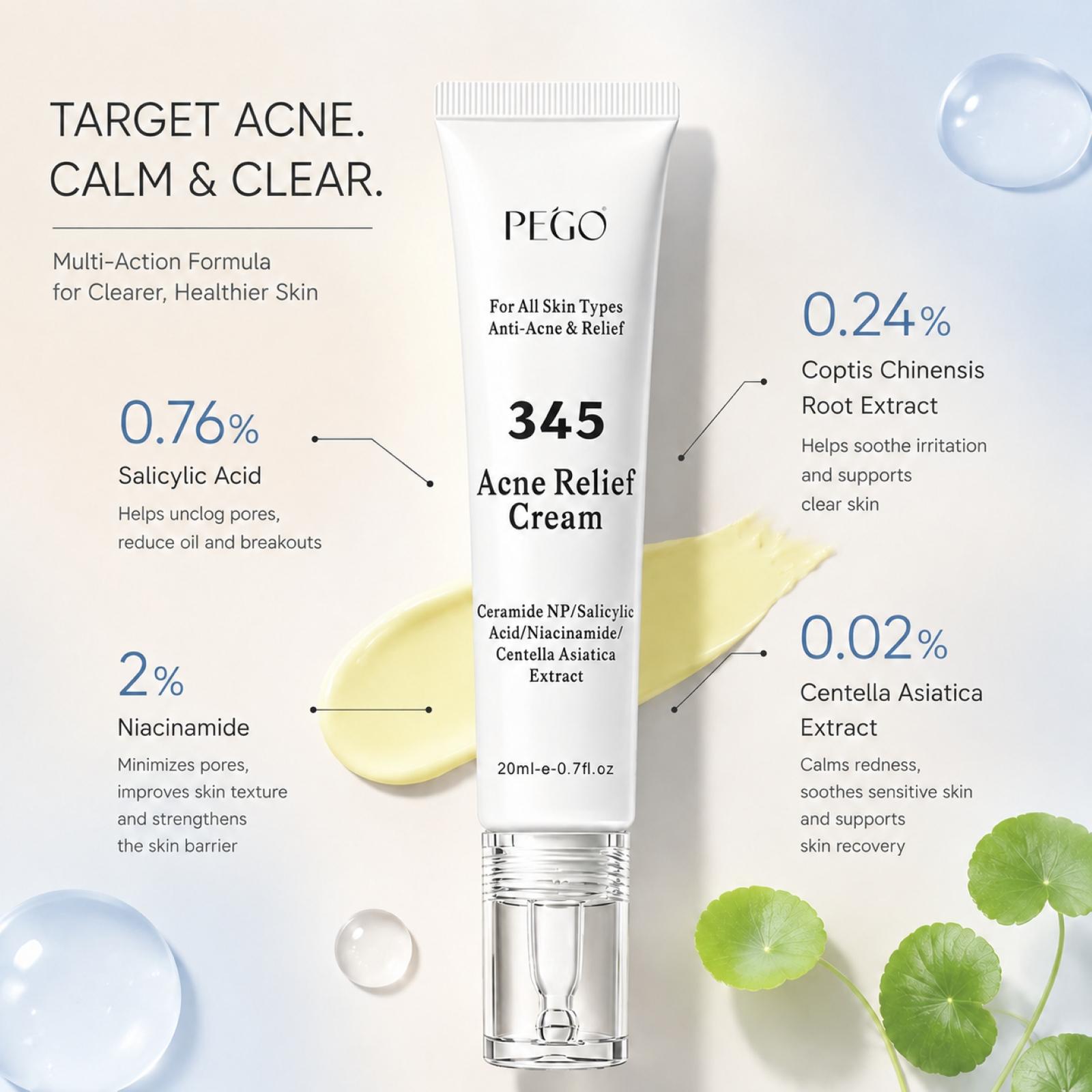 PEGO 345 Acne Relief Cream - Acne Solution Cream, Daily Face Moisturizer, Blemish Relief Care, Soothing Recovery, For Acne and Post-Acne Face Moisturizer with Centella,Salicylic Acid, Niacinamid,Calm Redness & Fade Acne Scars,Nighttime Acne Repair