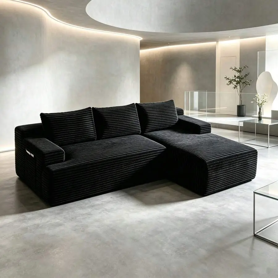 3-Seater Corduroy Sectional Sofa With Extra Large Chaise Lounge, Deep Seat Design, No Assembly Required, Ideal For Living Room & Bedroom