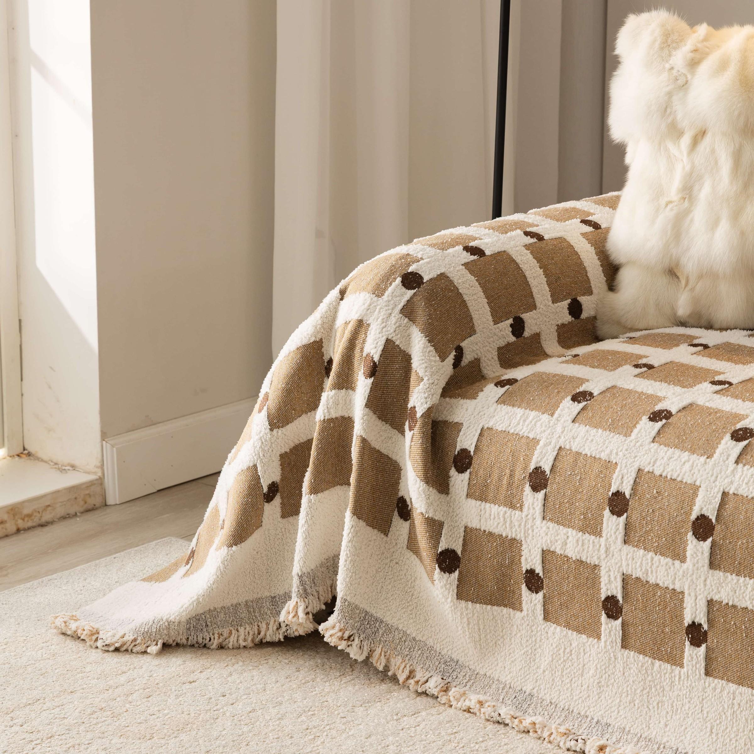 Thick Half-Fleece Sofa Cover, Vintage Checkered Sofa Towel, All-Season Universal Sofa Set, Anti-Scratch, Anti-Dirt, Anti-Slip, Boho Style