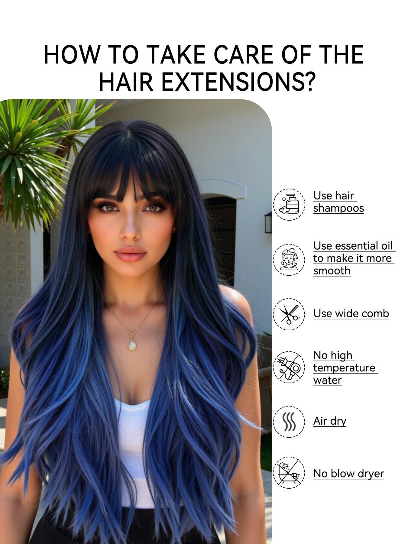Fashionable New Long Wavy Dark Blue Wigs with Bangs and Blue Highlights, Synthetic Women's Wigs for Daily Use, Parties or Halloween Cosplay Taking Photos