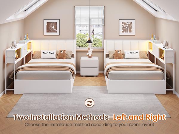 Hasuit Corner Twin Lift Up Storage Bed Frame with Charging Station & LED Lights, Twin Day Bed with Upholstered Headboard and Bookcase, Corner Beds with Hydraulic for Kids Teens Guests