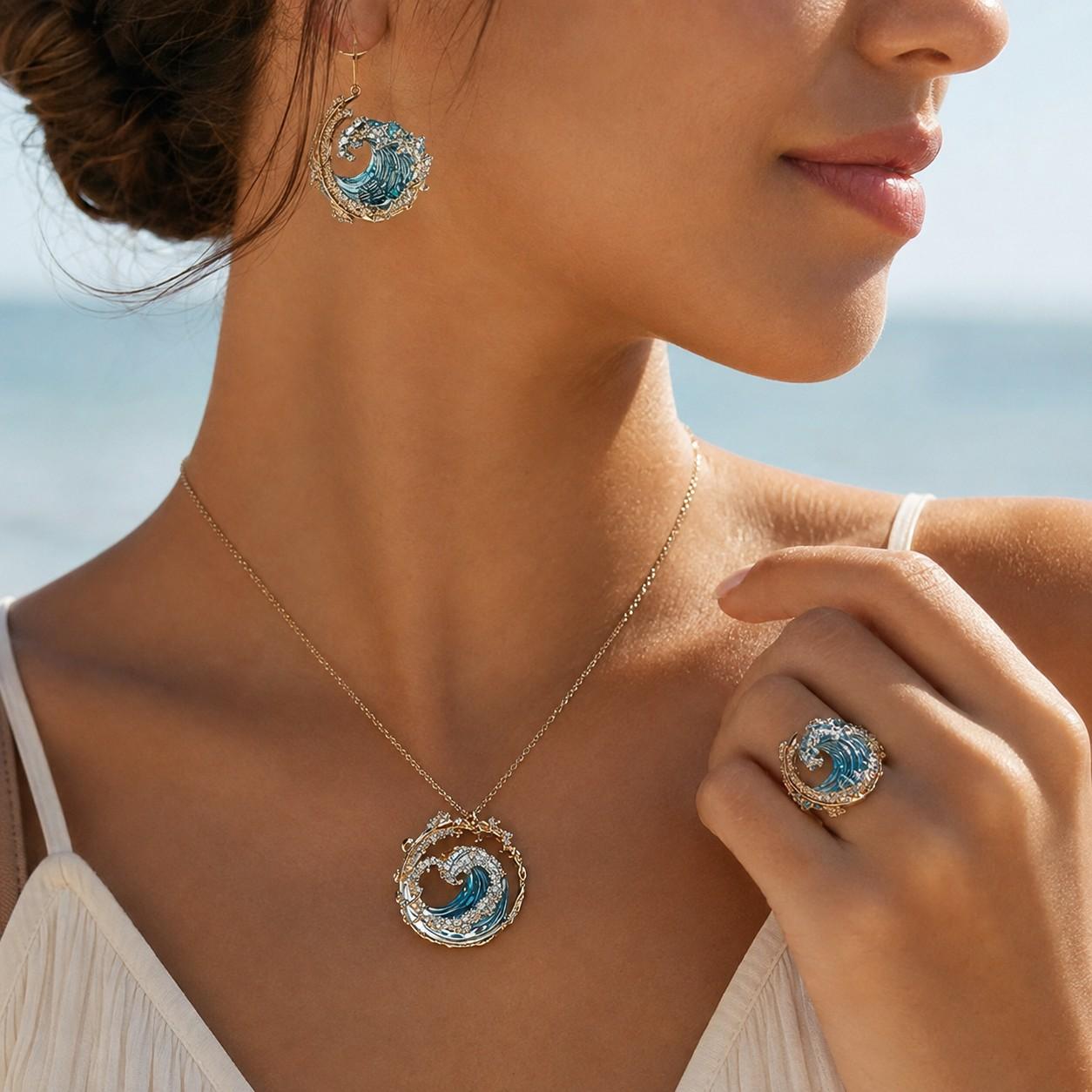 Women's 3-Piece Ocean Wave Coordinated Costume Jewelry Set - Gold or Silver Tone Necklace, Ring, Earrings - Translucent Beach Themed Female Wear Gift for Fashion Enthusiasts, Coordinated Set