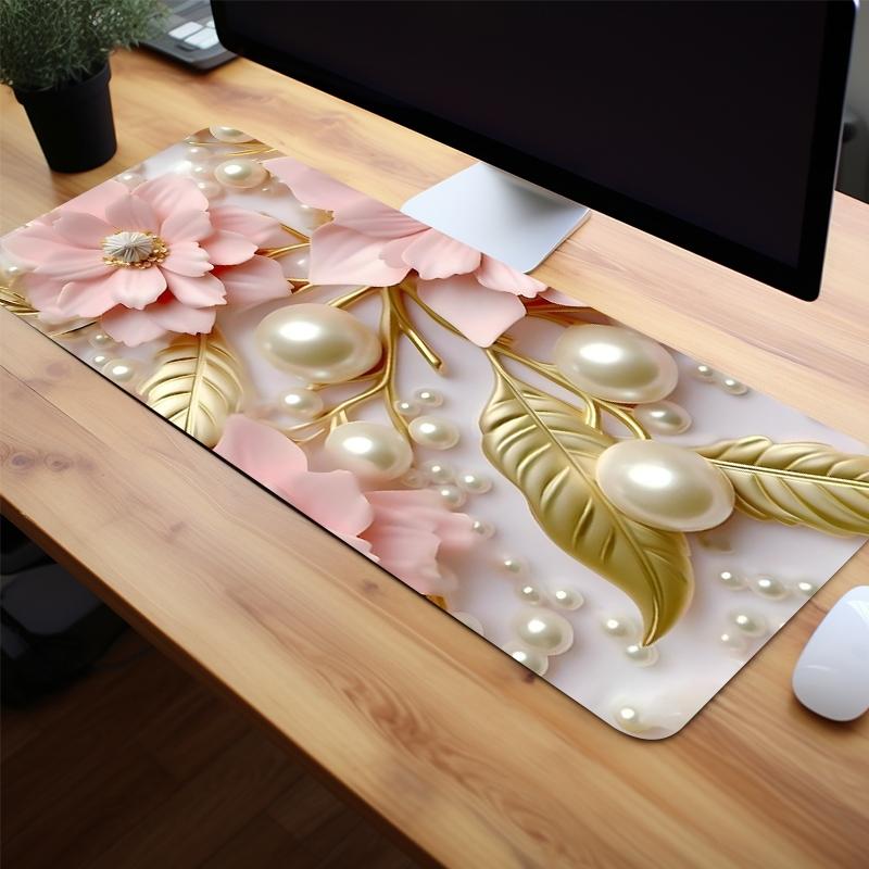 Floral Pearl Pattern Mouse Pad, Aesthetic Painting Large Gaming Mouse Pad, Office Desk Accessories, Desktop Accessory, Non-slip Rubber Base Stitched Edge Desk Pad for Home Office Game, Pastel Color