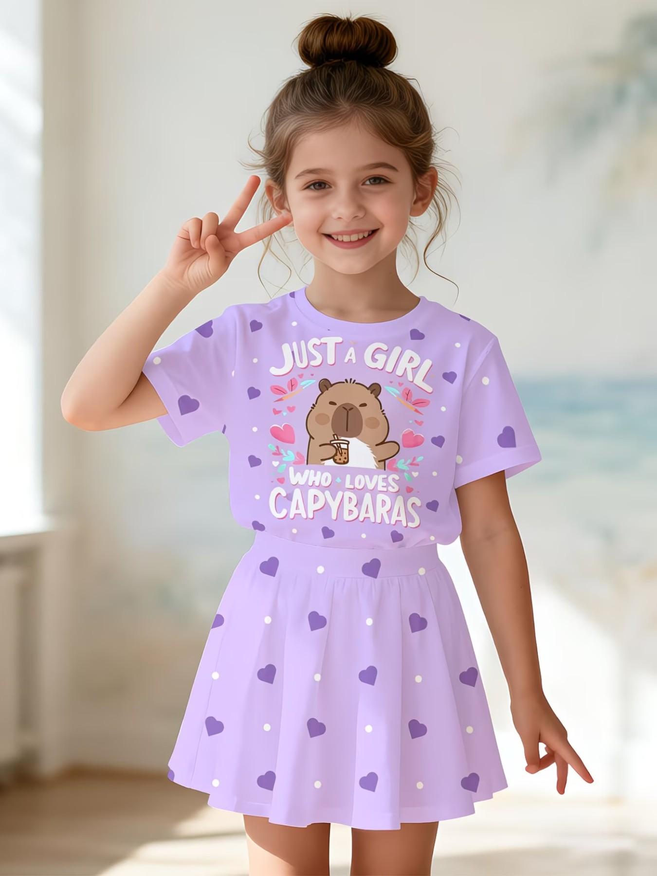 Girls' 3D Printed Capybara Heart Pattern Top and Skirt Set, Summer Casual Slim-Fitting Round Neck Short Sleeve