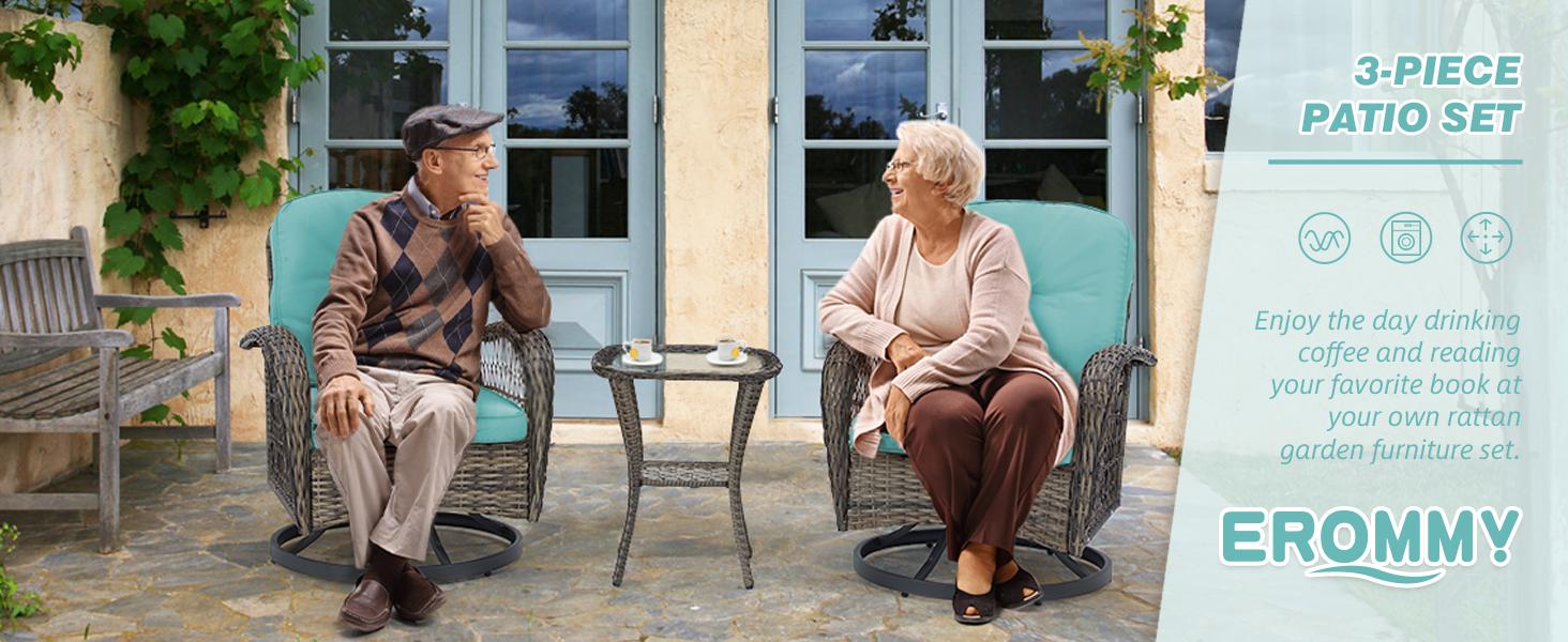 EROMMY 3 Pieces Outdoor Swivel Rocker Patio Chairs, 360 Degree Rocking Patio Conversation Set with Thickened Cushions and Glass Coffee Table for Backyard wicker furniture EROMMY 3 Pieces Outdoor Swivel Rocker Patio Chairs, 360 Degree Rocking Patio Conversation Set with Thickened Cushions and Glass Coffee Table for Backyard wicker furniture