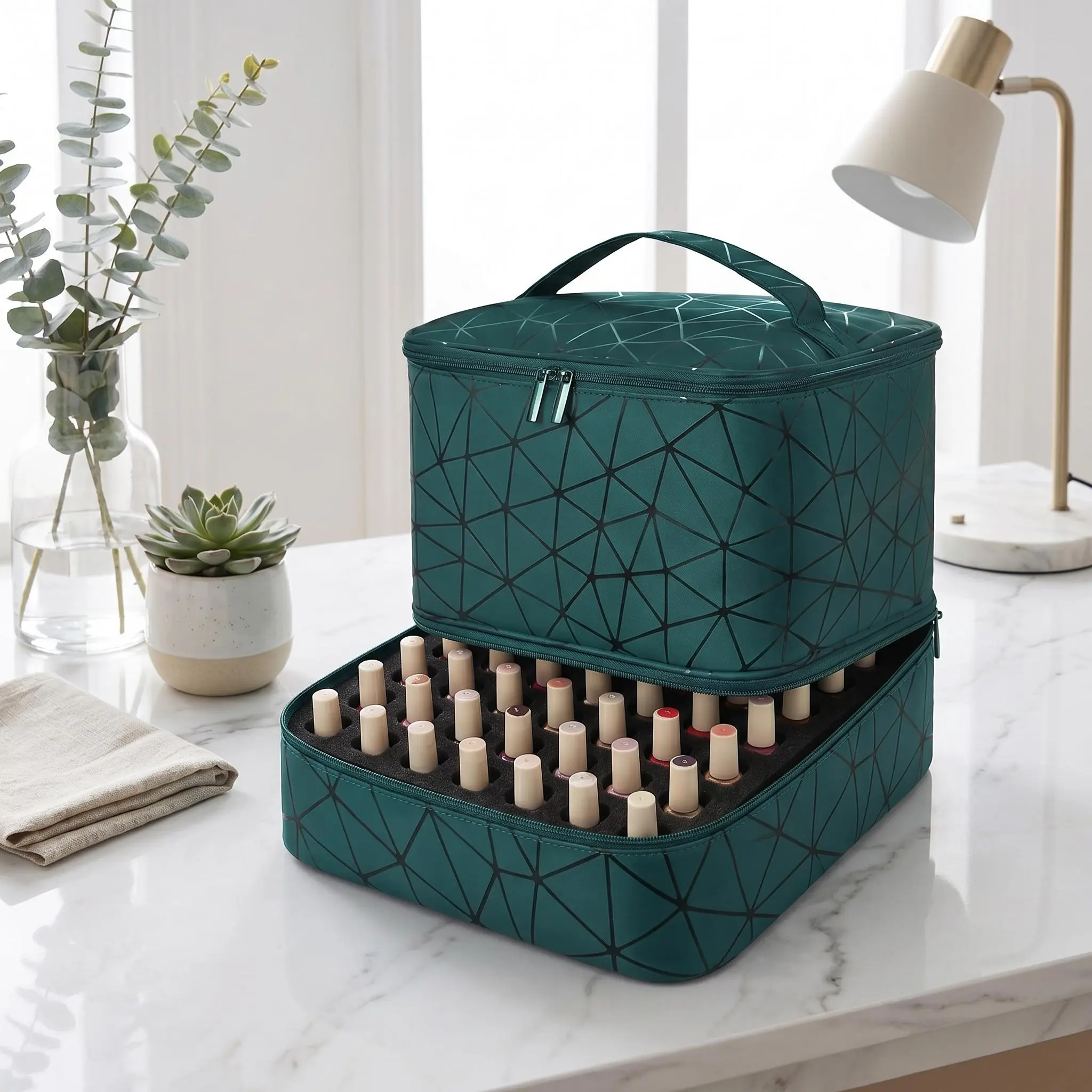 Geometric PU Leather Portable Vanity Case for Nail Polish, Double Layer Travel Organizer with Zipper for Vanity Organization, Holds 30 Bottles & Lamp, Leakproof & Dustproof, Minimalist