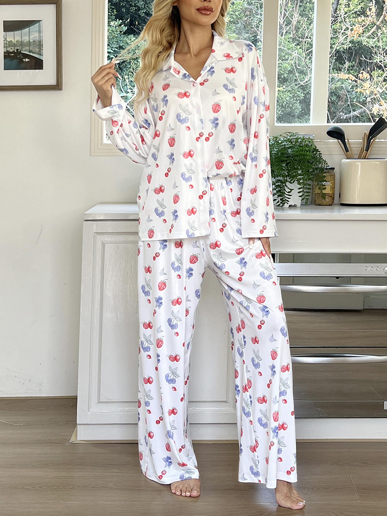 Dancing Again Women's All Over Print Pocket Shirt & Elastic Waist Pants Pyjama, Casual Comfy Button Front Drop Shoulder Collared Top & Trousers Pj Set, Pajamas, Women's Sleepwear & Loungewear for Spring & Fall, Cute Pajama Sets