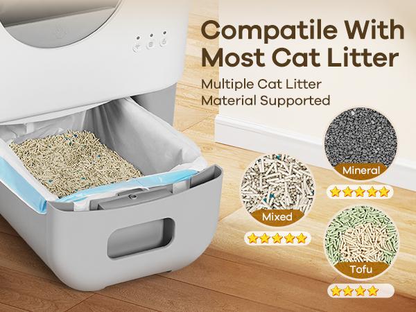 Self-Cleaning Cat Litter Box, 95L, App-Controlled, Safety Sensors, Washable Liner, 2 Rolls Garbage Bags