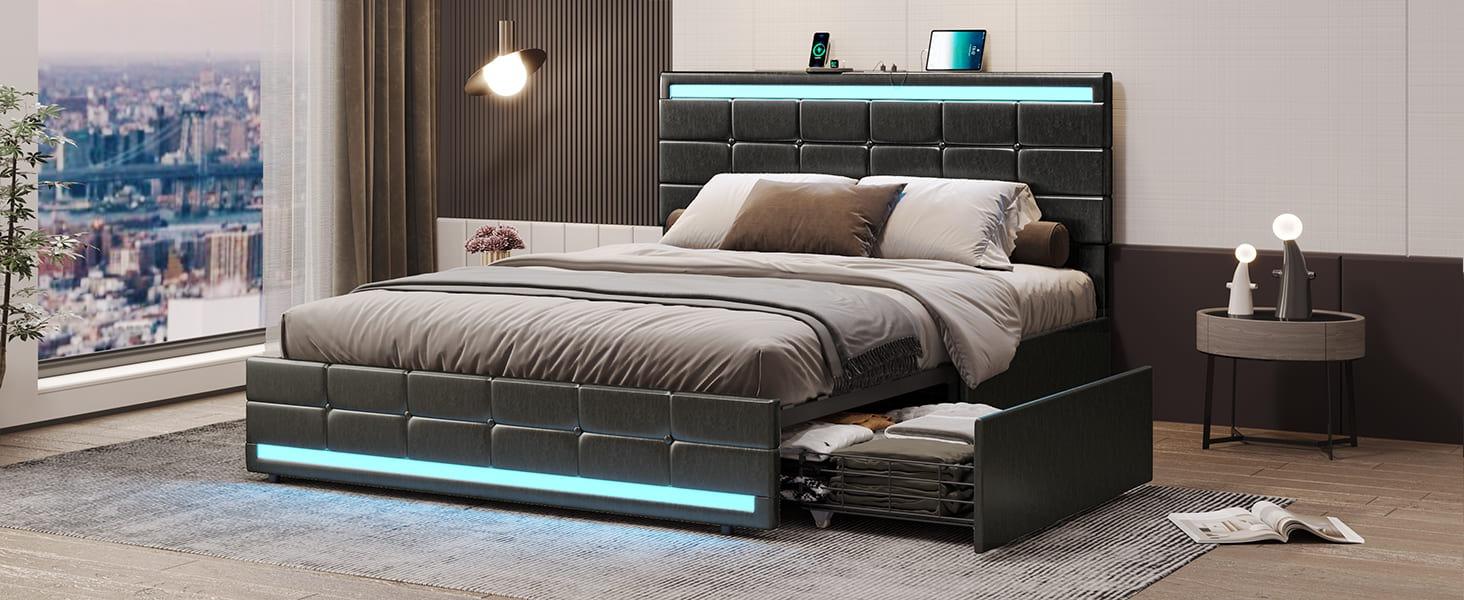 Sikaic 4 Storage Drawers LED Bed Frame With Leather Platform Adjustable Headboard Storage Drawers And Charging Station Black Bedroom Set Unique