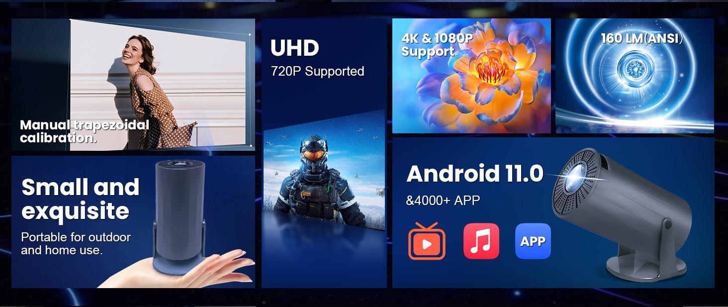 Mini smart projector, 4K1080P decoding ladder adjustment, mobile computer synchronized image function, portable large screen projector for office outdoor room Audio Electronic