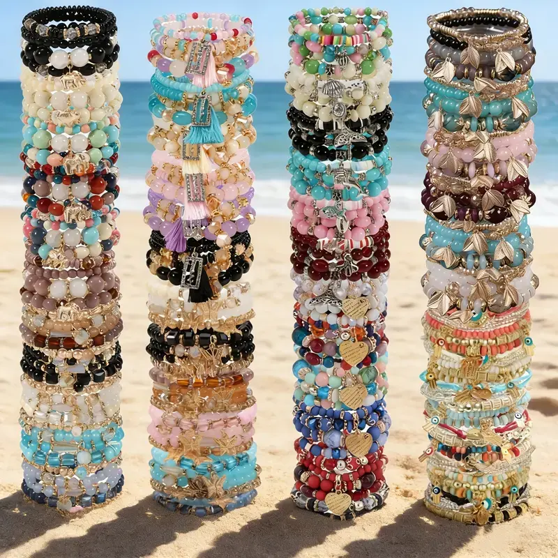 6/12/24/36pcs Women's Boho Styles Bracelets Stack, Mixed Color Glass Beads With Heart/Butterfly/Elephant Alloy Charms, Wrist Stack, All-Season Versatile, Accessories for Women