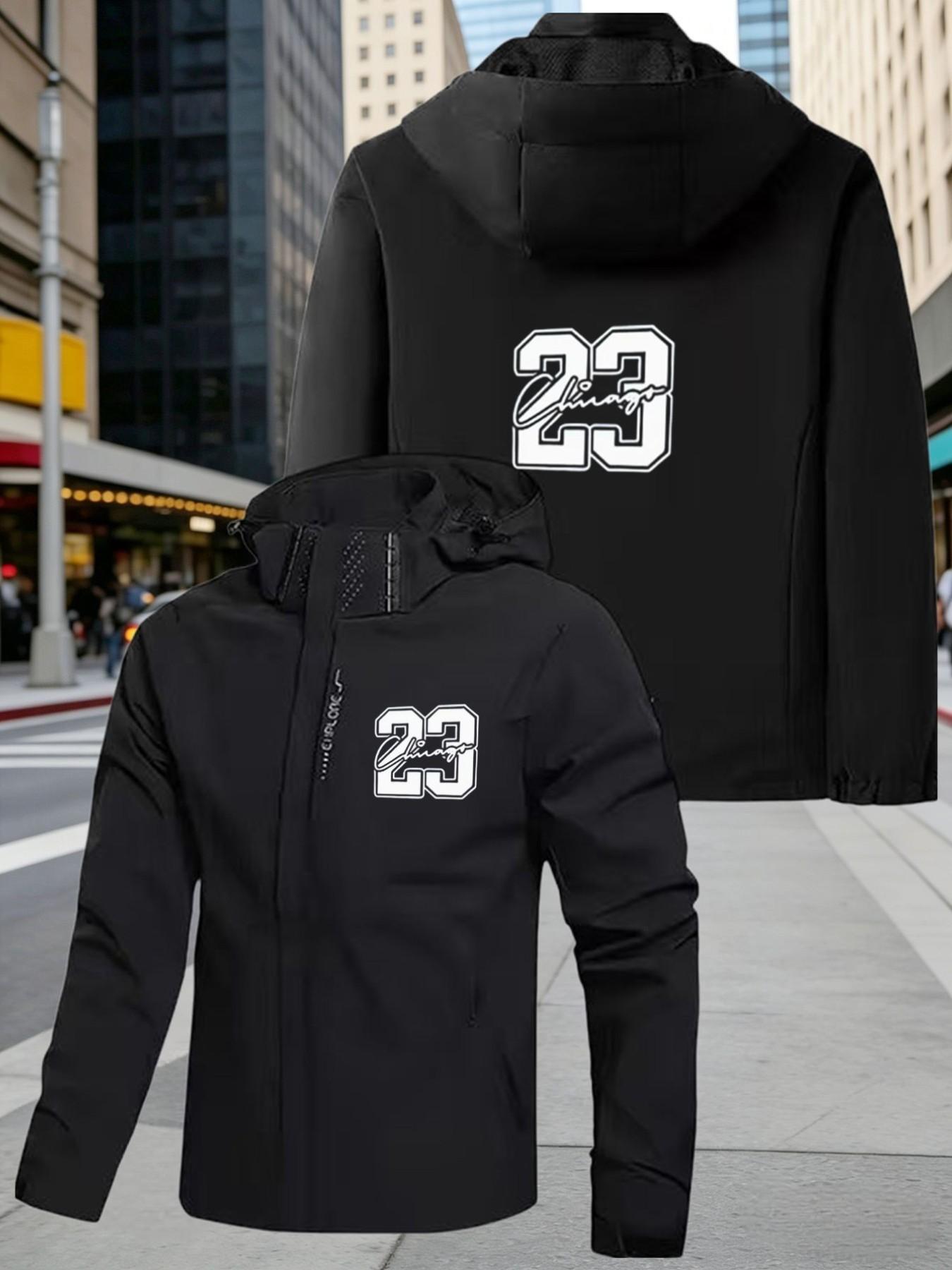 Chicago 23 Number Printed Hooded Jacket for Men, Windproof Waterproof Bomber Coat, Spring & Fall Basketball Outdoor Outerwear