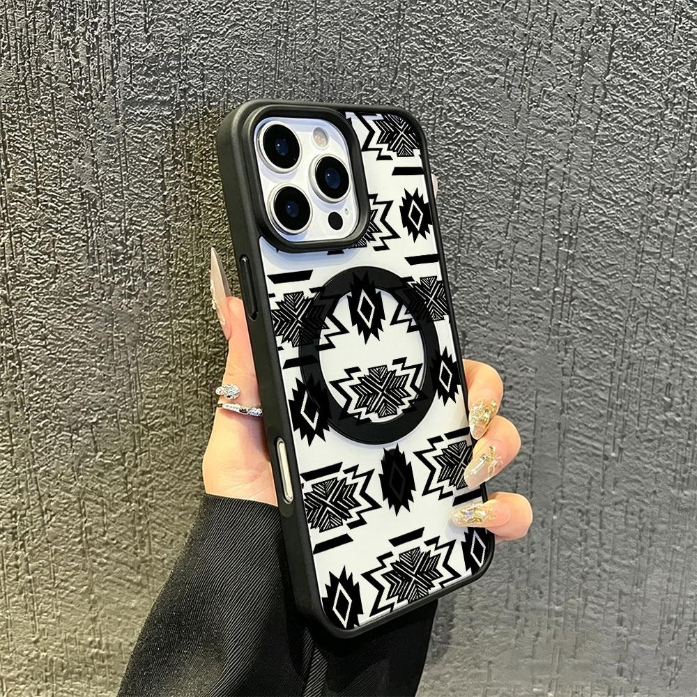 Southwestern Aztec Phone Case for iPhone 17 16 15 14 13 12 11 Pro Max, Black and White Tribal Pattern Protective Cover, Western Style Gift for Men Women