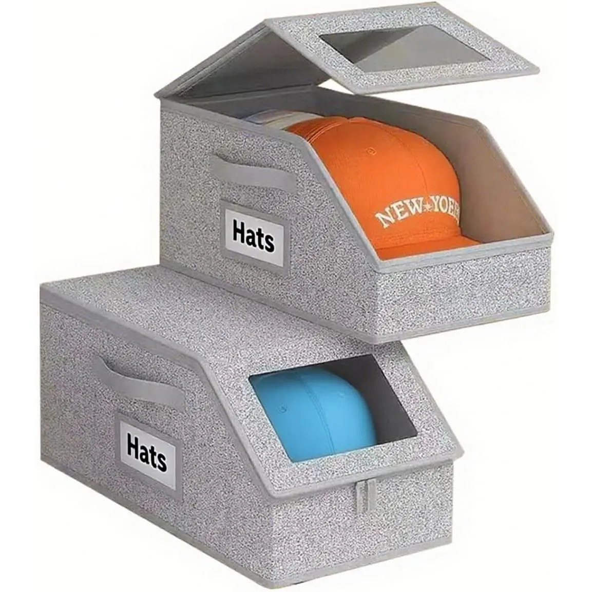 Modern Foldable Baseball Cap Organizer (1-4 Pack, Grey) - Dual-Zipper Lid, Dustproof Storage Box with Transparent Window, 17in L×8.7in W×6.7in H, Holds 12 Hats/Toys, Stackable for Bedroom, Dorm, Modern Home Decor Clothes Organization