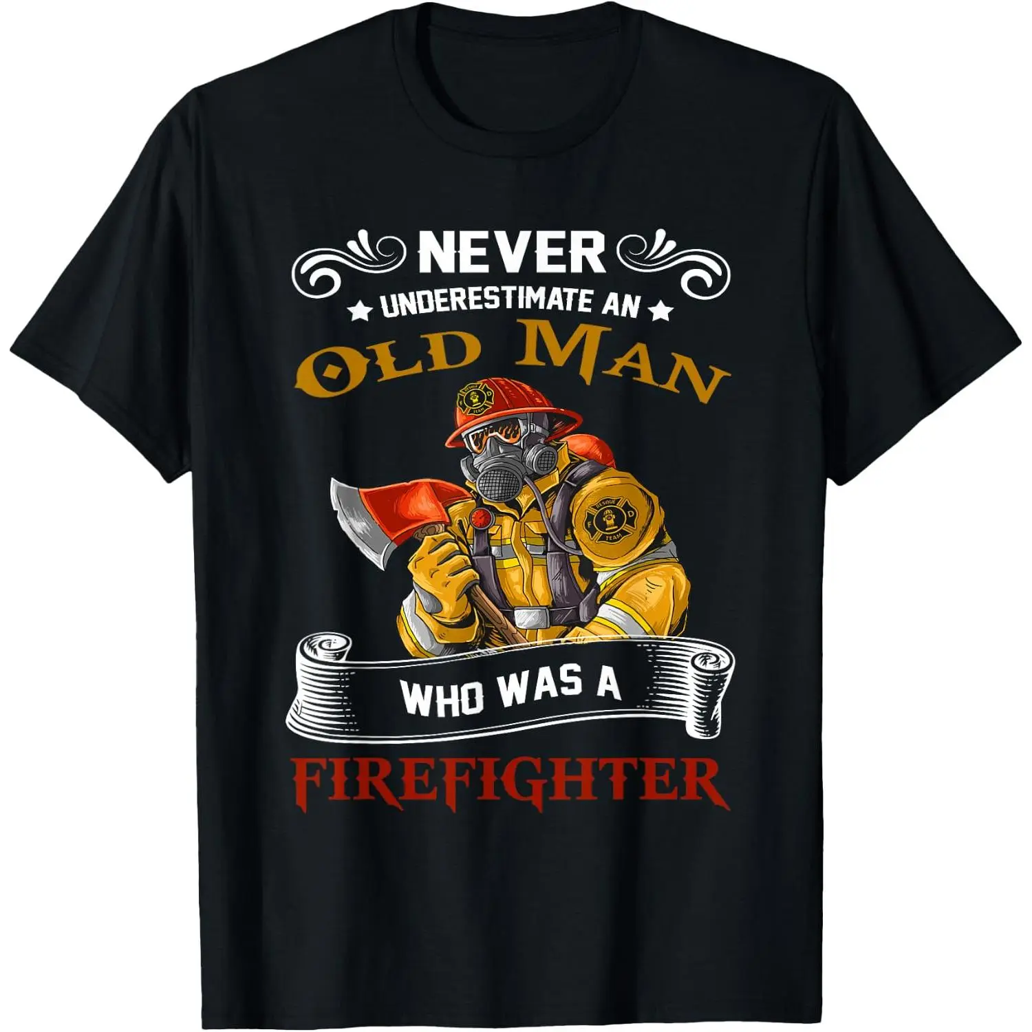 Men's Classic Breathable Streetwear Cotton T-Shirt - "Never Underestimate an Old Man Who Loves Firefighting" Funny Retired Firefighter Quote Print, Short-Sleeve Menswear Fire Rescue Appreciation Tee, Shortsleeve
