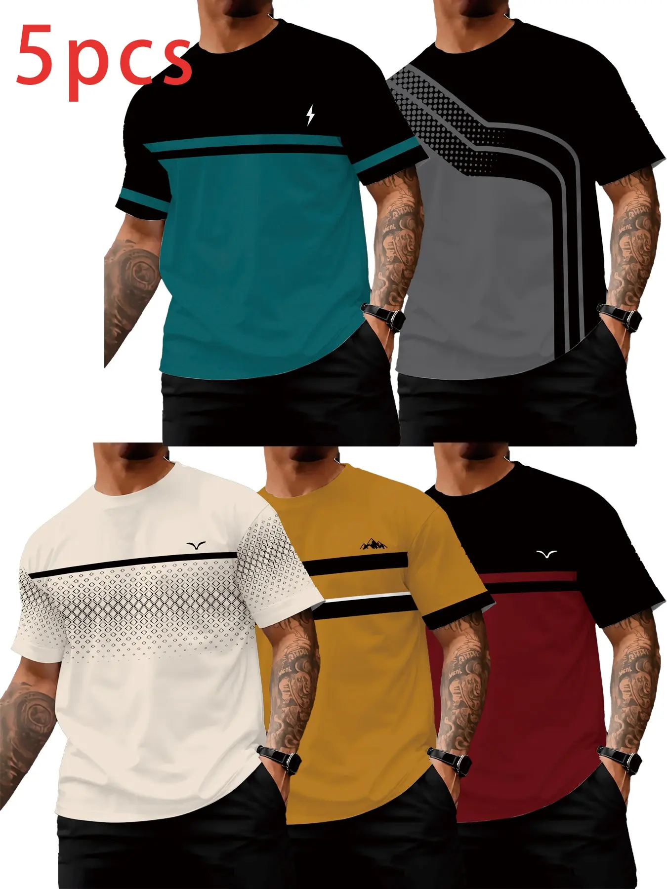 Set of 5, Striped Print Men'S Stylish Casual Streetwear Short-Sleeve T-Shirts, Gradient Color Summer Round-Neck Quick-Dry Breathable Short-Sleeve T-Shirts, Fabric