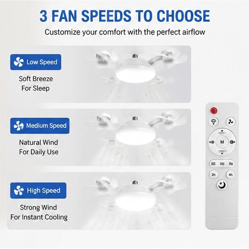 E27 Socket Ceiling Fan Light 2 in 1 Silent LED Fan with Remote Control, E27 Screw in Ceiling Fan in Light Socket, 3 Color and 3-Speeds Adjustable, Easy Install for Home (4-Heads)