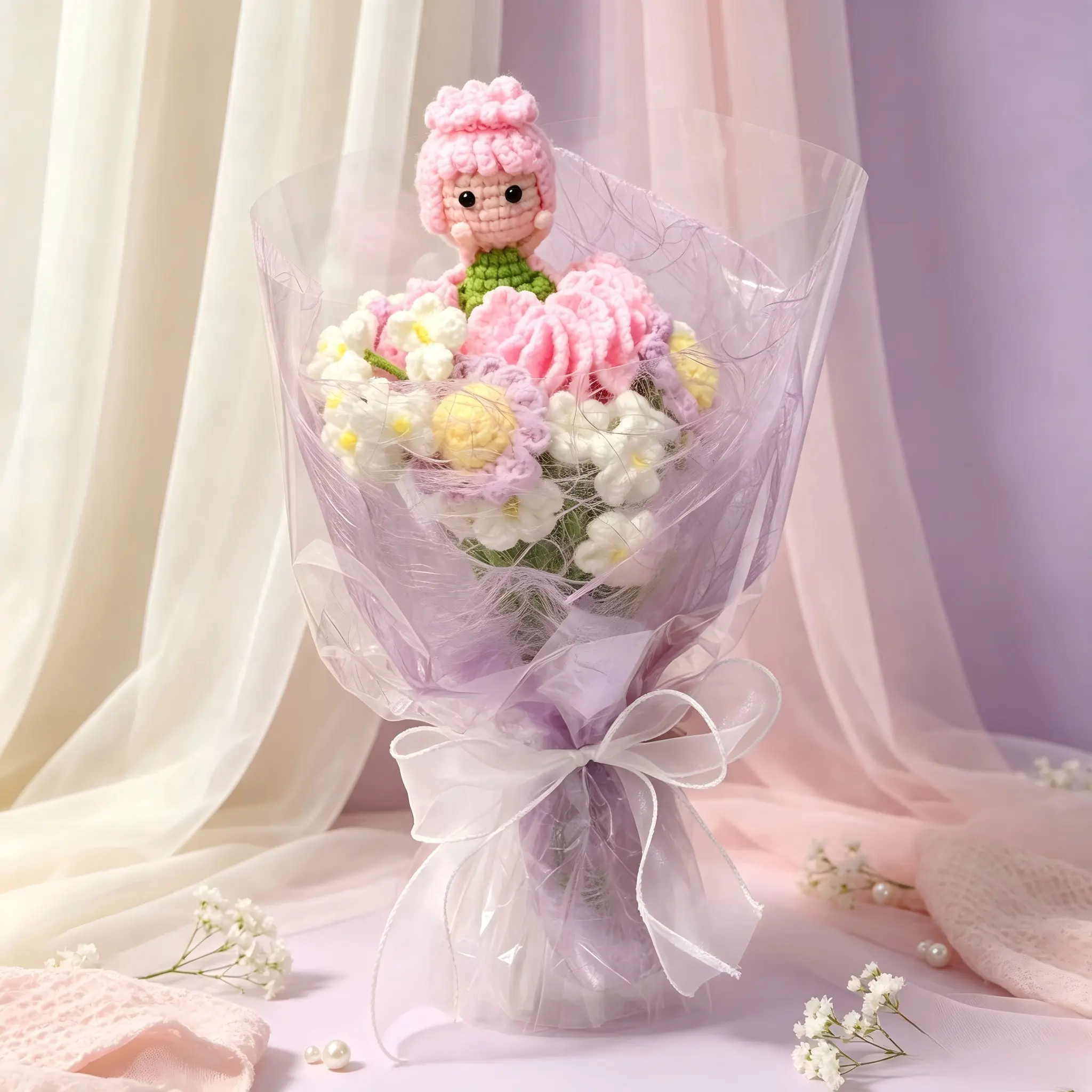 Crochet Doll Flower Bouquet, Handmade Yarn Flowers, Holiday Home Decor Gift, Sash Packaging, Mother's Day Present