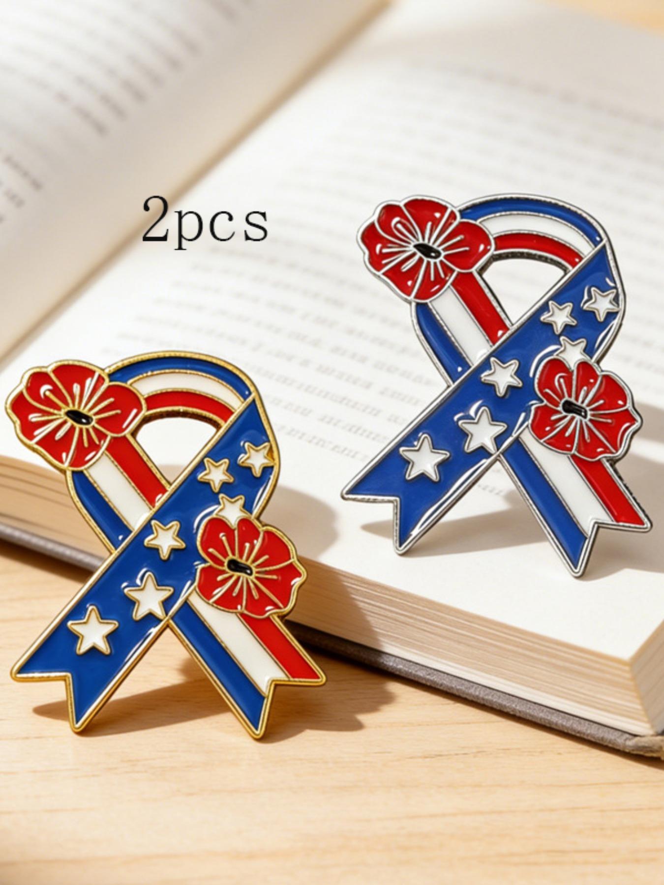 2pcs American Independence Day Flower Ribbon Brooches, Star-Spangled Fashion Pin, Memorial Accessory, Versatile Gift Item