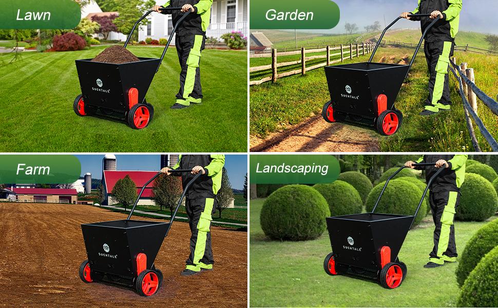 Lawn Drop Spreader, Topdresser, Compost Spreader, Mini Topper, Peat Moss Spreader Push-Type Fertilizer with Rotate Blades, Push Garden Seeder with Adjustable Rate Metal Mesh Basket for Feed