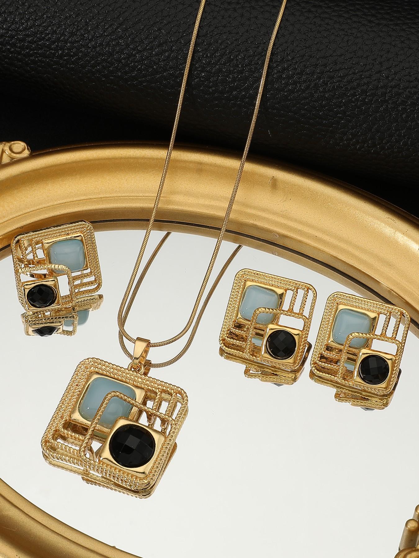 Luxury Unique Design Jewelry Set, Hollow Square Snake Chain Necklace Earrings Ring, Versatile Commuter Accessories, All Seasons Casual Style